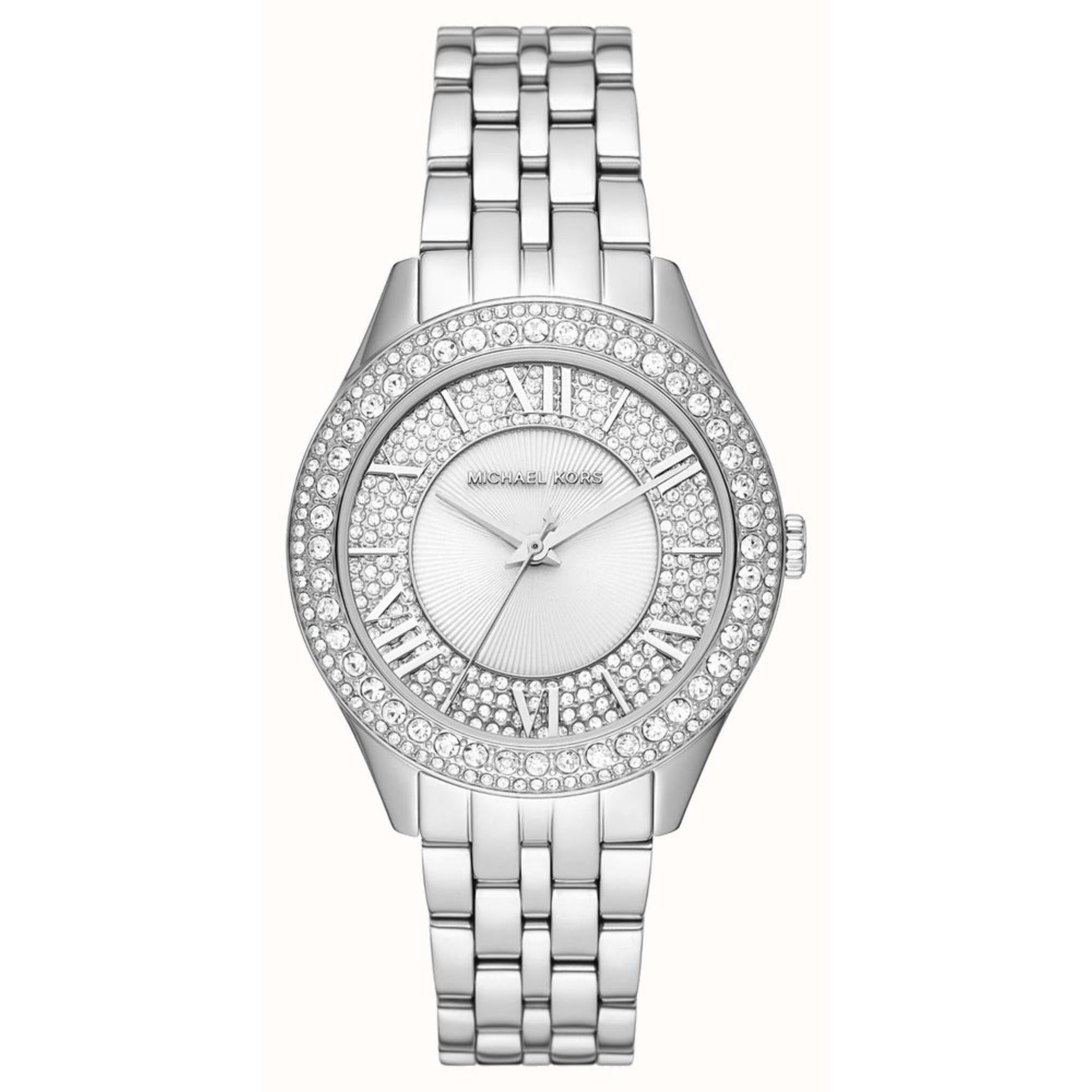 Michael Kors Harlowe Crystal-Embellished Silver-Tone Stainless Steel White Dial Ladies Watch MK4708