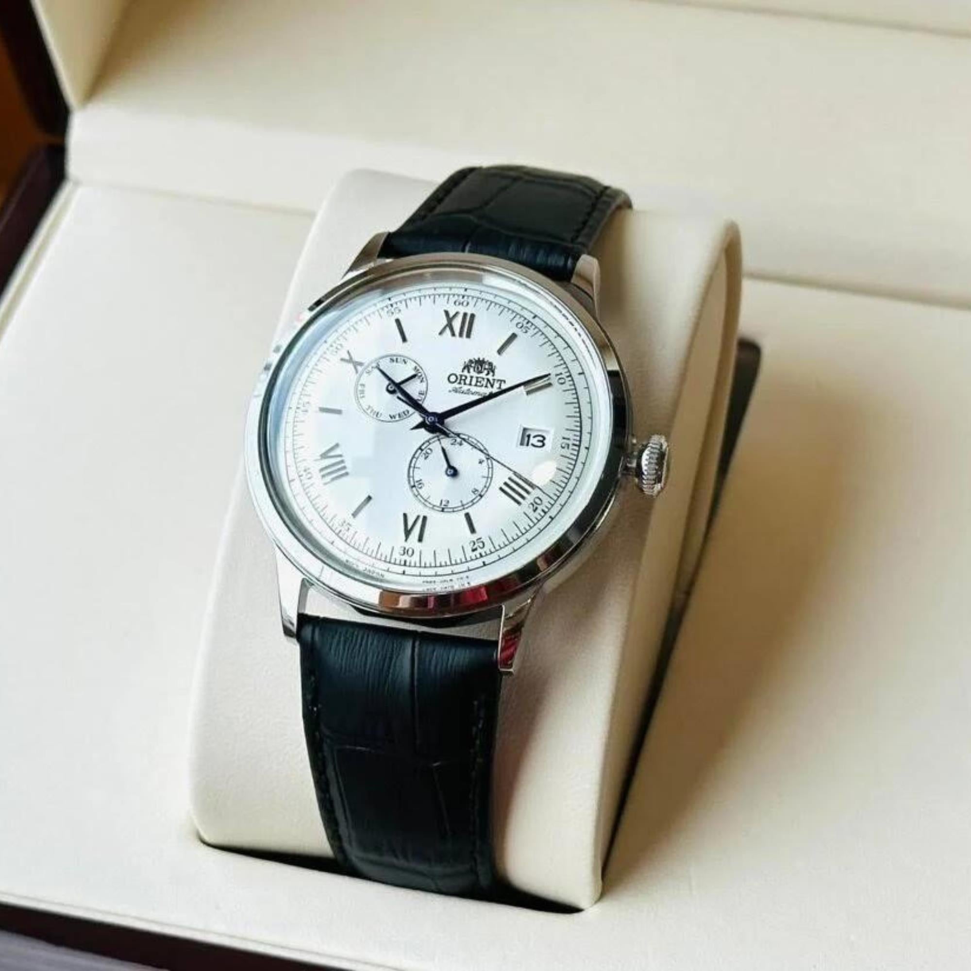 Orient Bambino Ex-Display Automatic Day & Date White Dial Black Leather Strap Men's Watch RA-AK0701S10B