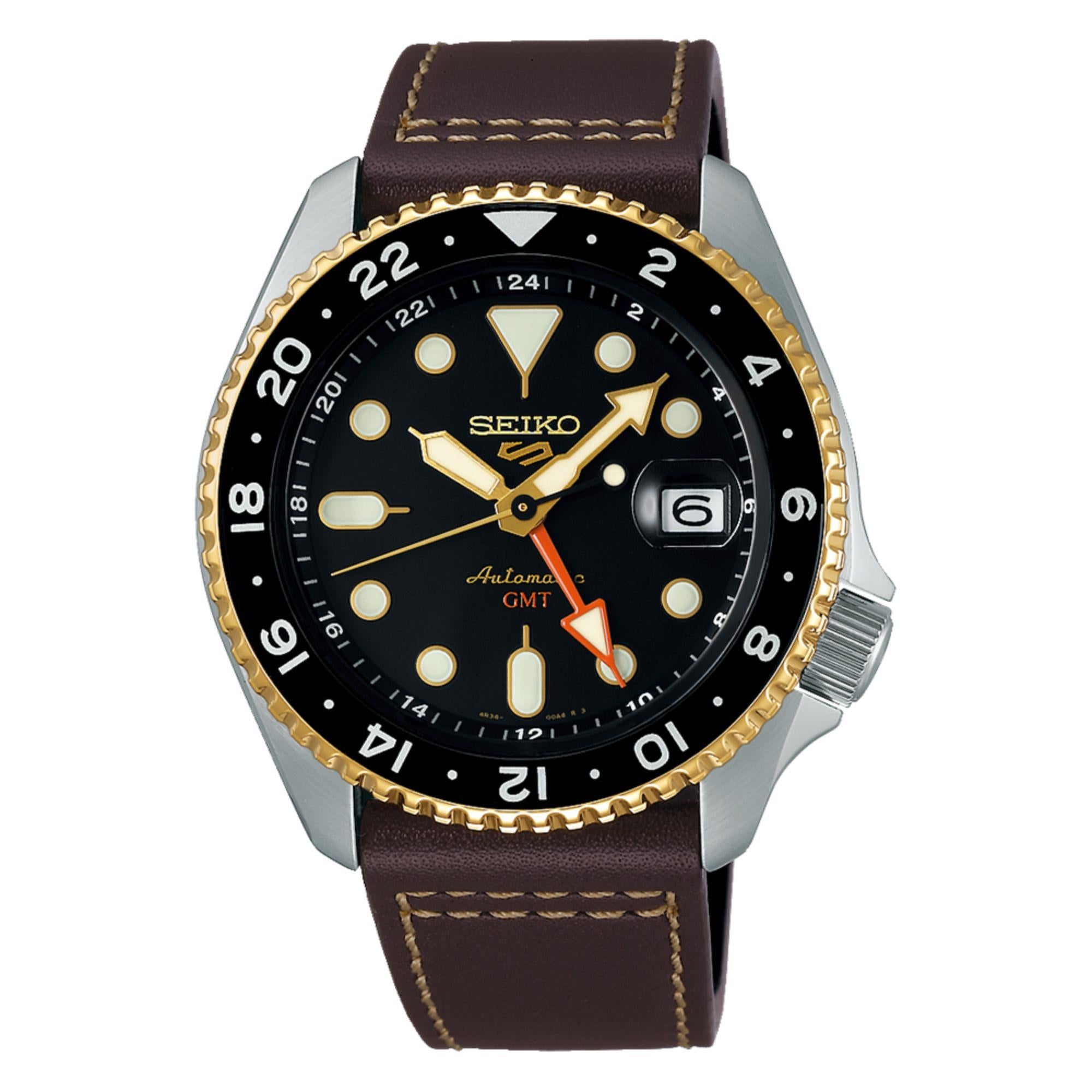 Seiko 5 Sports SKX GMT Mocha Automatic Black Dial Brown Leather Strap Men’s Watch SSK036K1