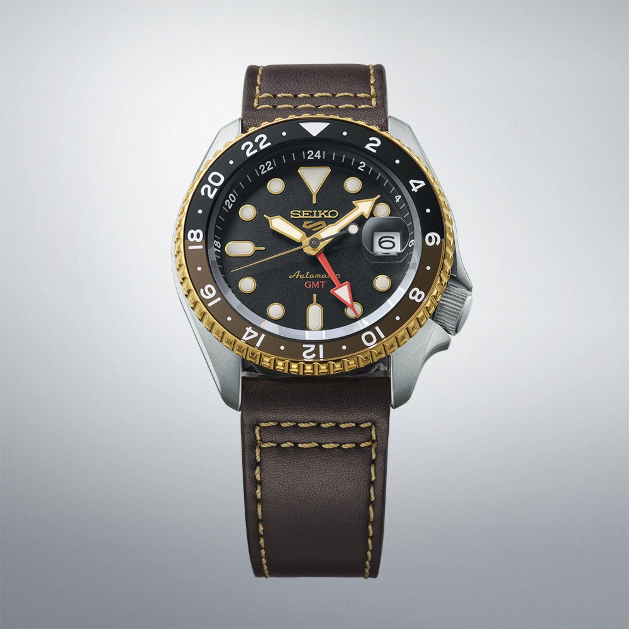 Seiko 5 Sports SKX GMT Mocha Automatic Black Dial Brown Leather Strap Men’s Watch SSK036K1