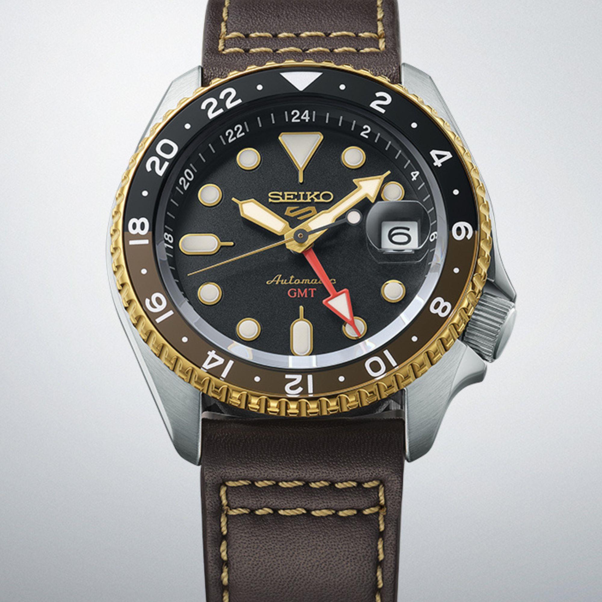 Seiko 5 Sports SKX GMT Mocha Automatic Black Dial Brown Leather Strap Men’s Watch SSK036K1