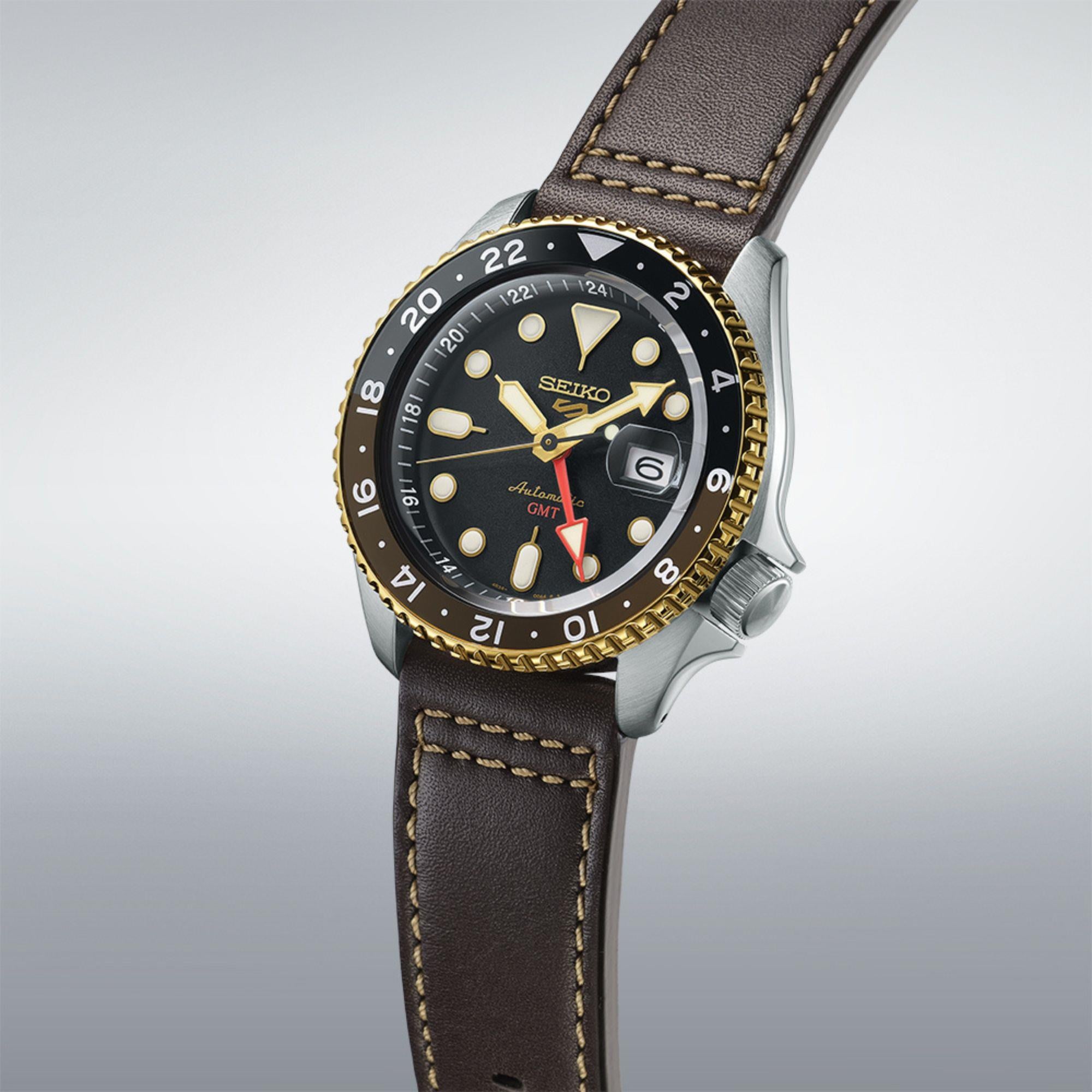 Seiko 5 Sports SKX GMT Mocha Automatic Black Dial Brown Leather Strap Men’s Watch SSK036K1