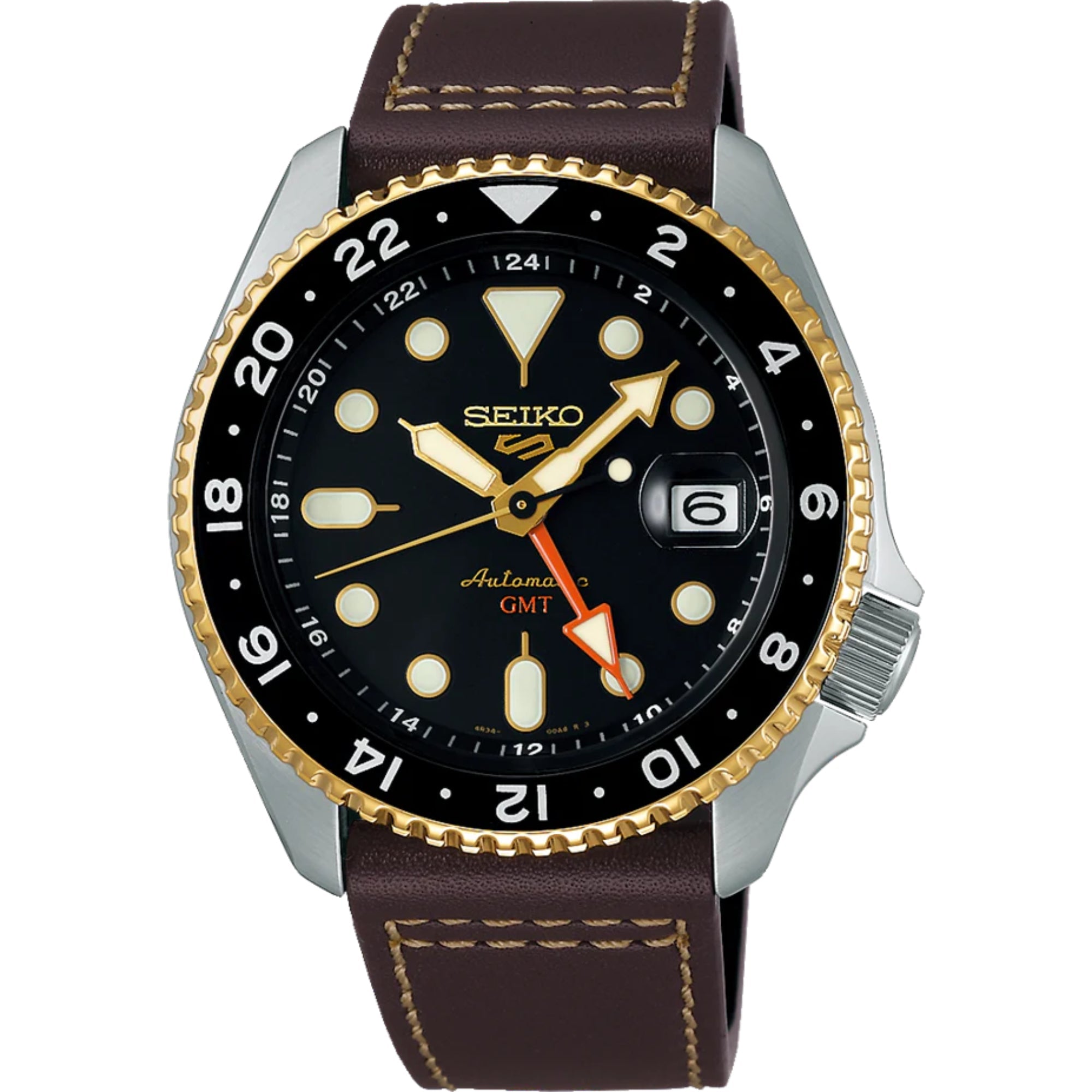 Seiko 5 Sports SKX GMT Mocha Automatic Black Dial Brown Leather Strap Men’s Watch SSK036K1