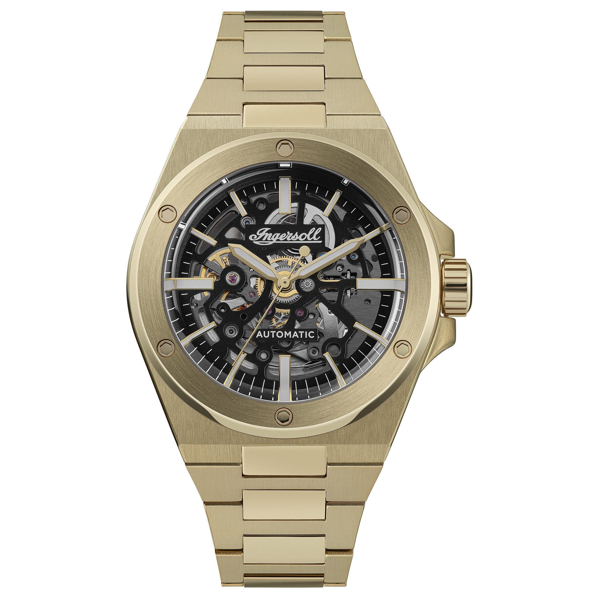 Ingersoll 1892 The Baller Automatic Men's Watch with Black Skeleton Dial and Gold Bracelet - I15001