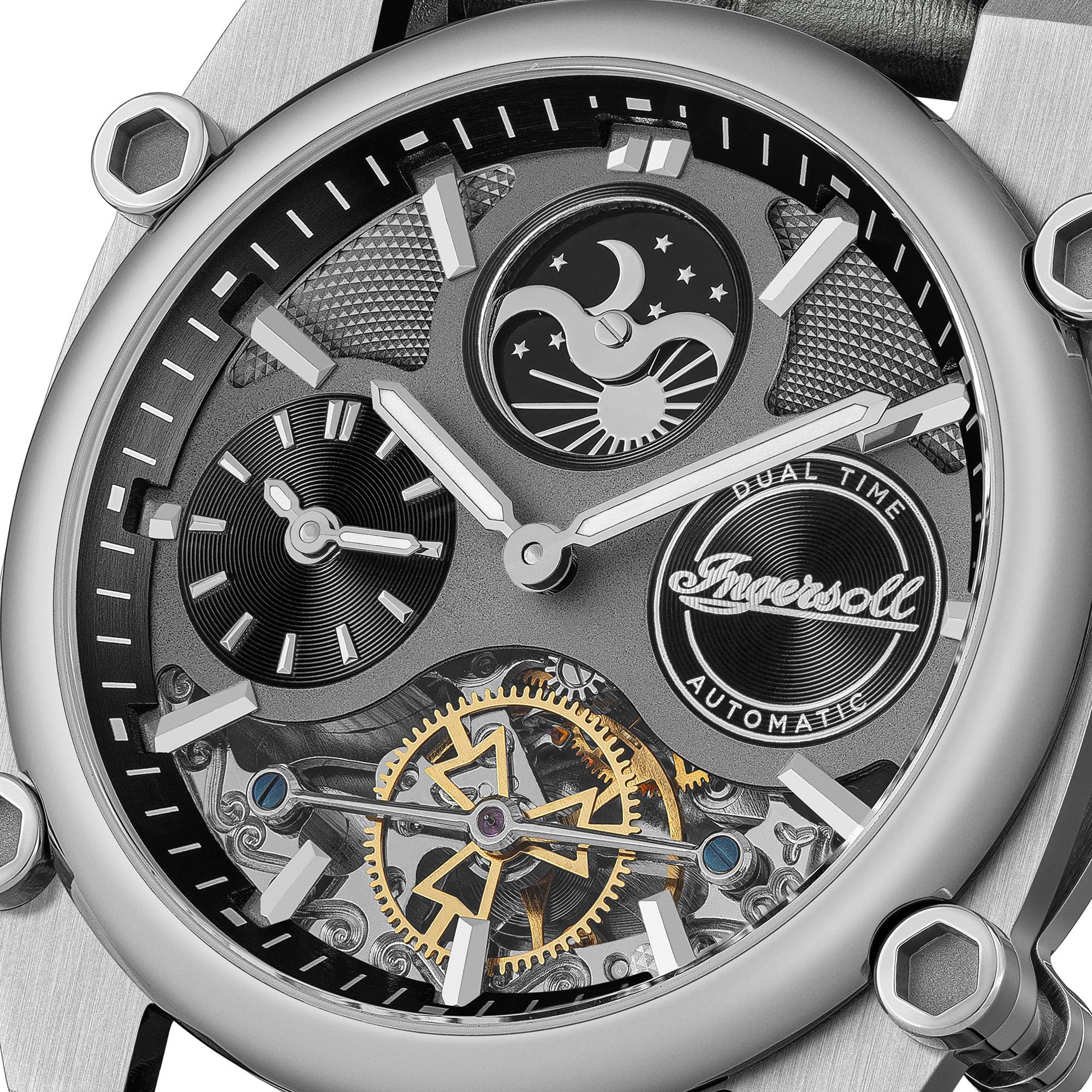 Ingersoll 1892 The Varsity Automatic Mens Watch with Grey Skeleton Dial and Black Leather Strap I15402