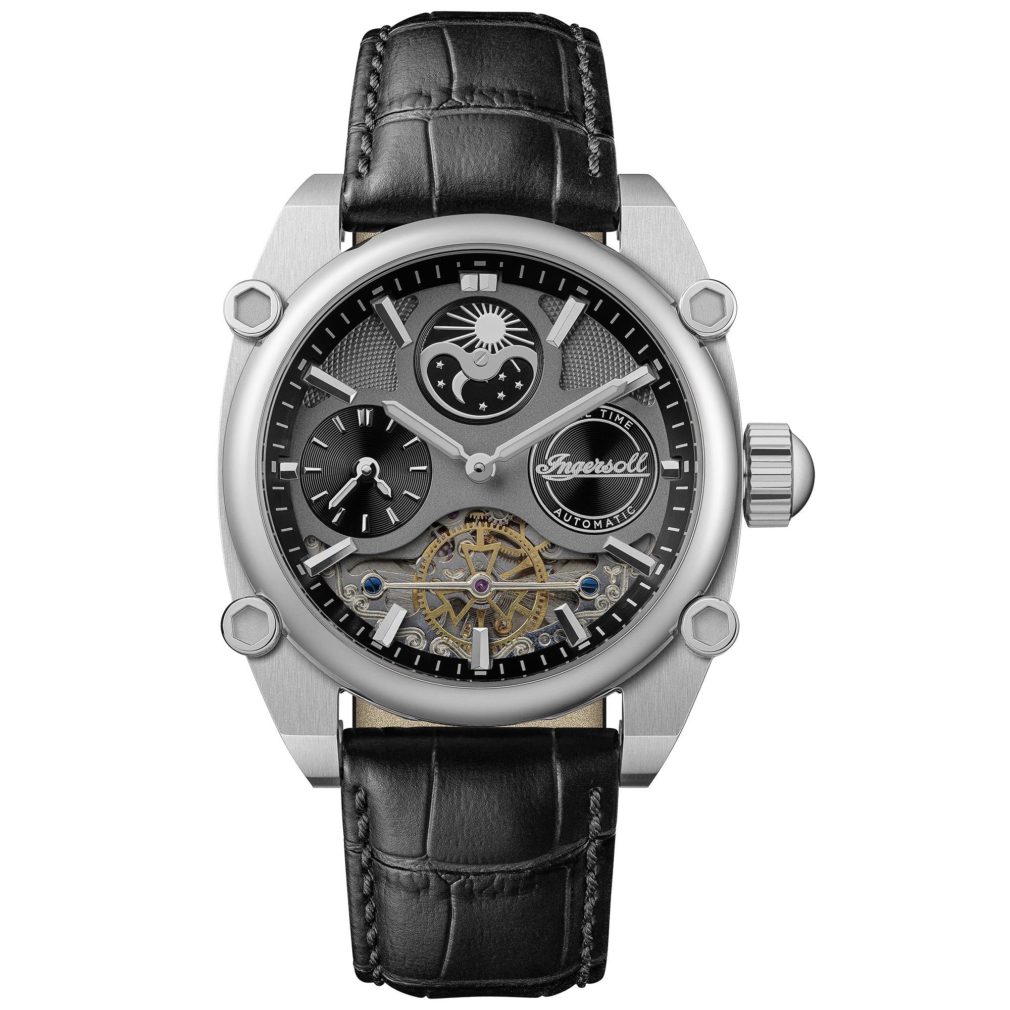 Ingersoll 1892 The Varsity Automatic Mens Watch with Grey Skeleton Dial and Black Leather Strap I15402