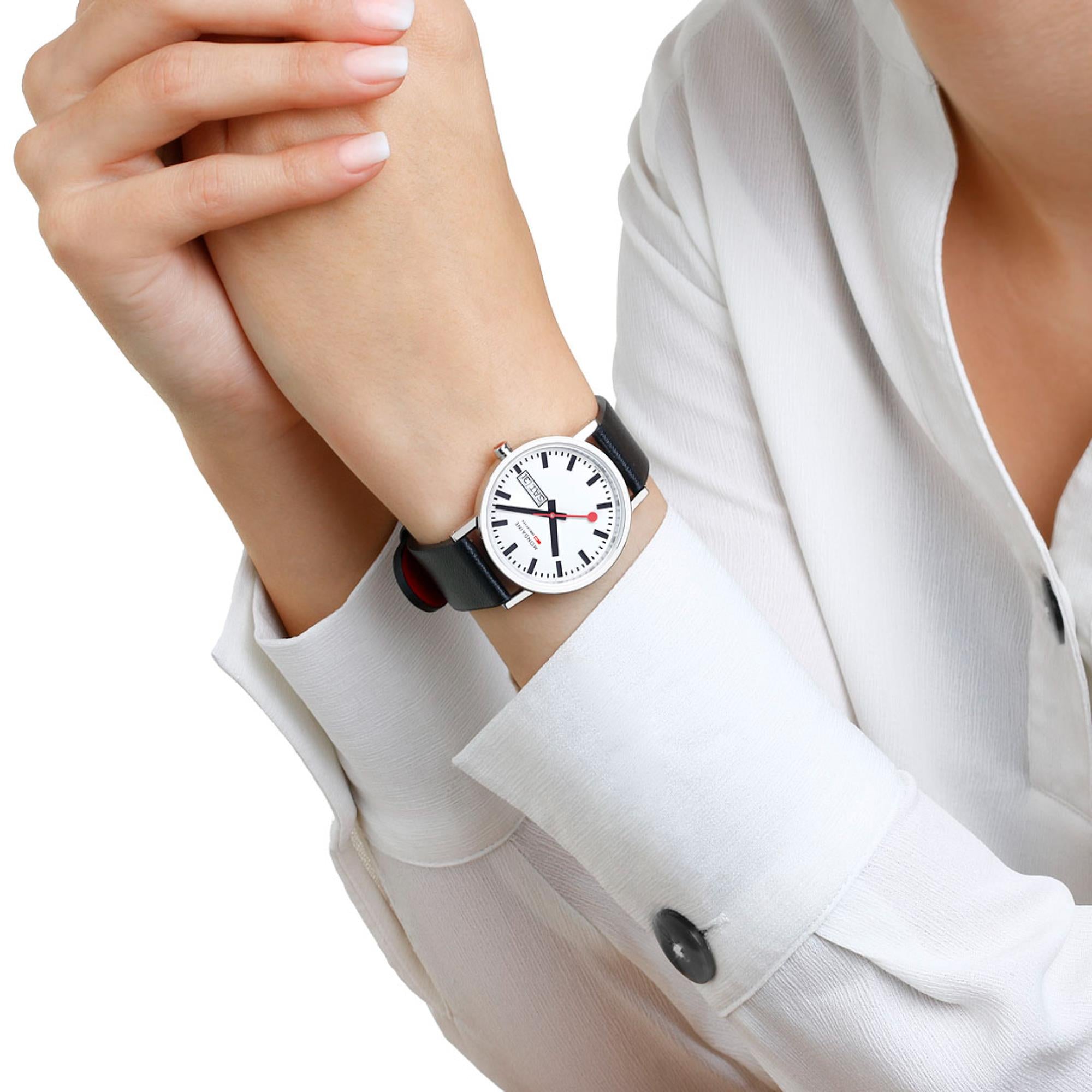 Mondaine Classic Day Date Black Vegan Grape Leather Strap White Dial Unisex Watch A667.30314.11SBBV