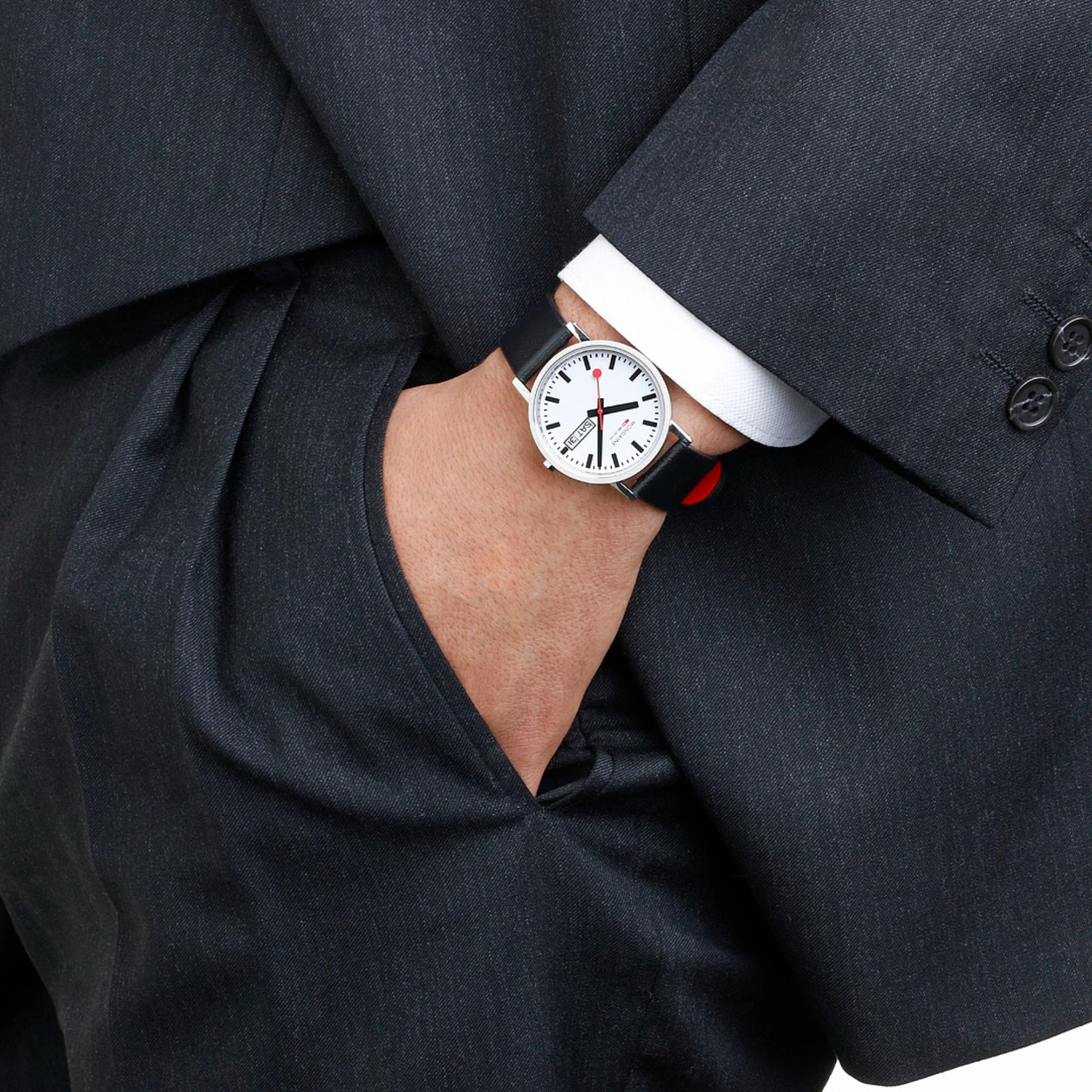 Mondaine Classic Day Date Black Vegan Grape Leather Strap White Dial Unisex Watch A667.30314.11SBBV