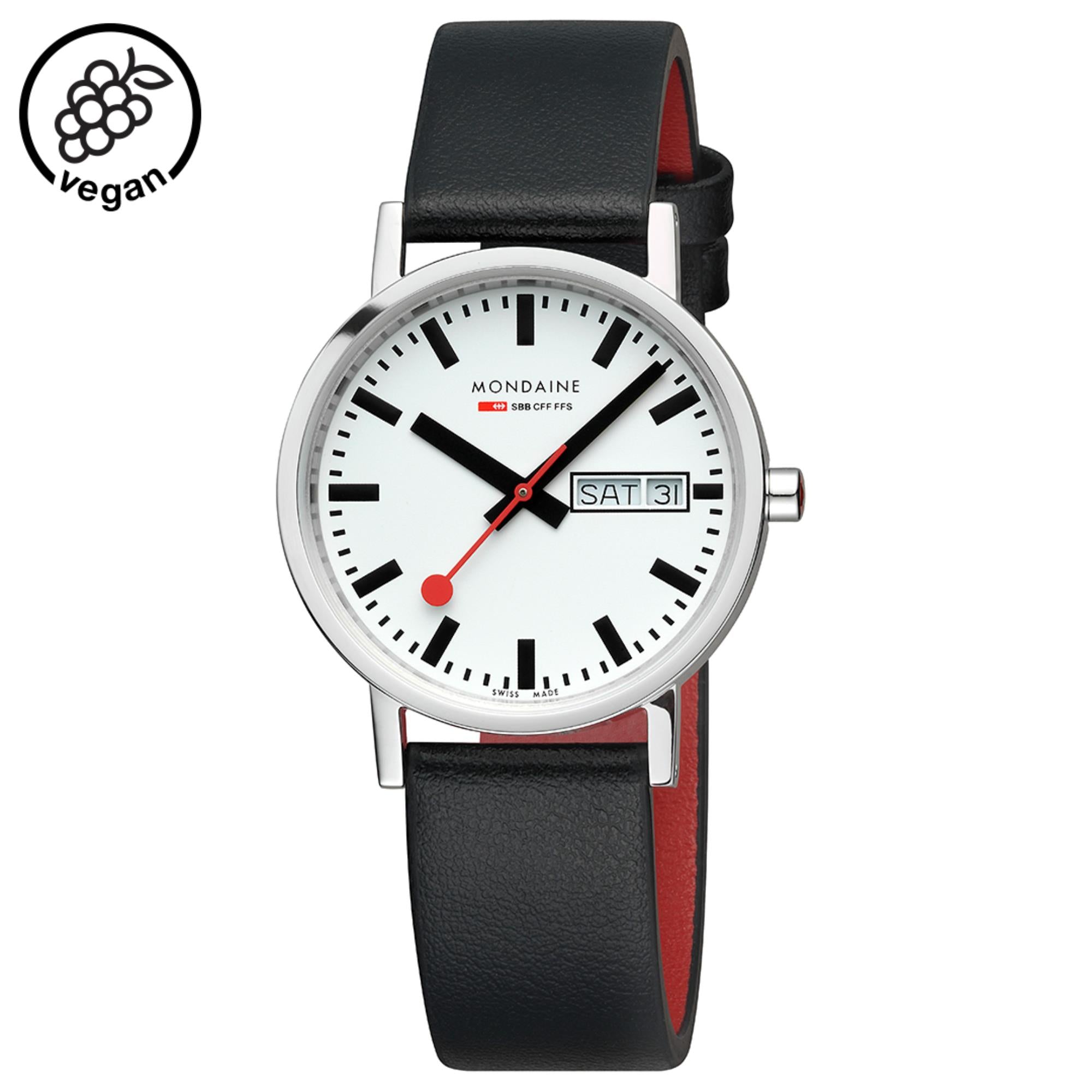 Mondaine Classic Day Date Black Vegan Grape Leather Strap White Dial Unisex Watch A667.30314.11SBBV