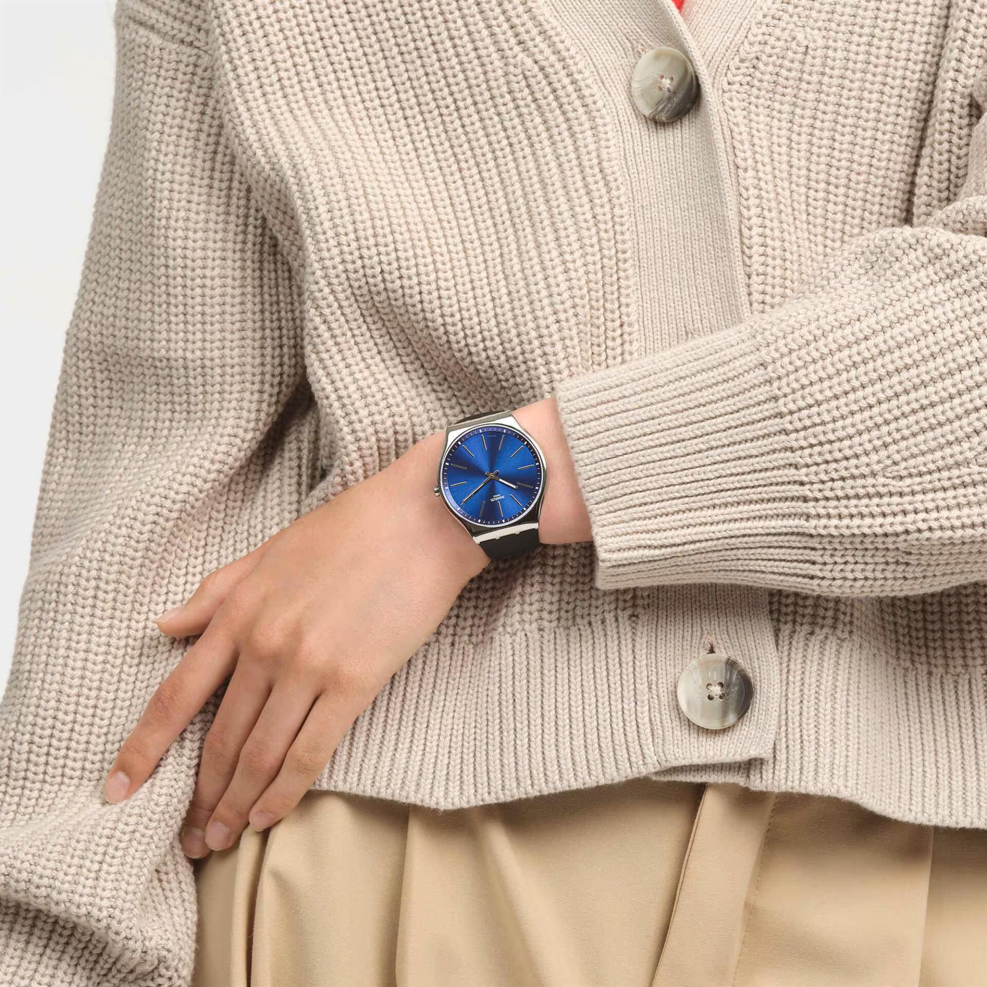 Swatch Formal Blue Dial Stainless Steel Case Black Rubber Strap Quartz Watch SS07S125