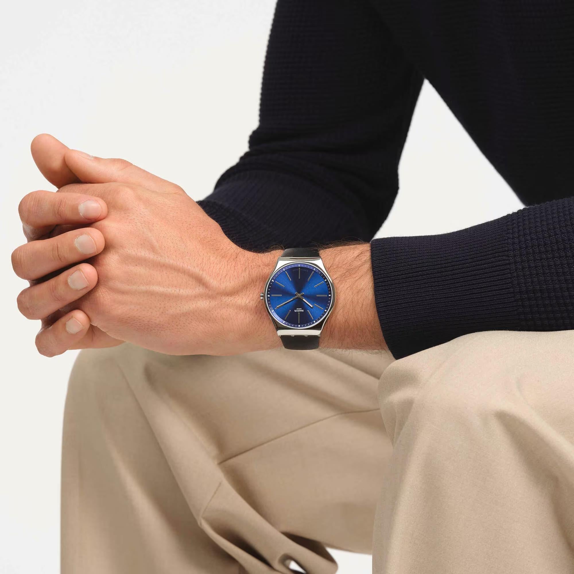 Swatch Formal Blue Dial Stainless Steel Case Black Rubber Strap Quartz Watch SS07S125