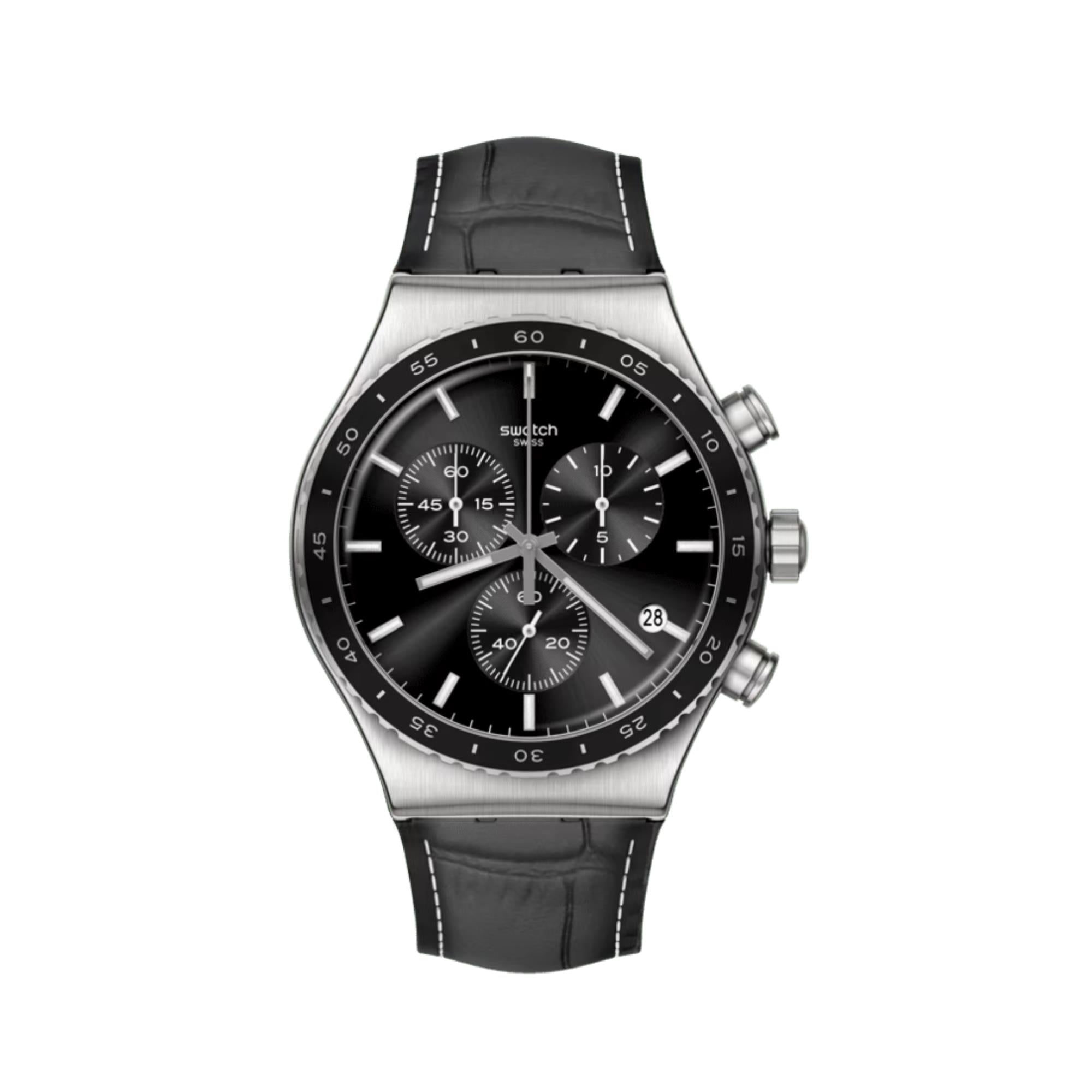 Swatch Irony Chrono Black Dial Leather Strap Men's Watch YVS495