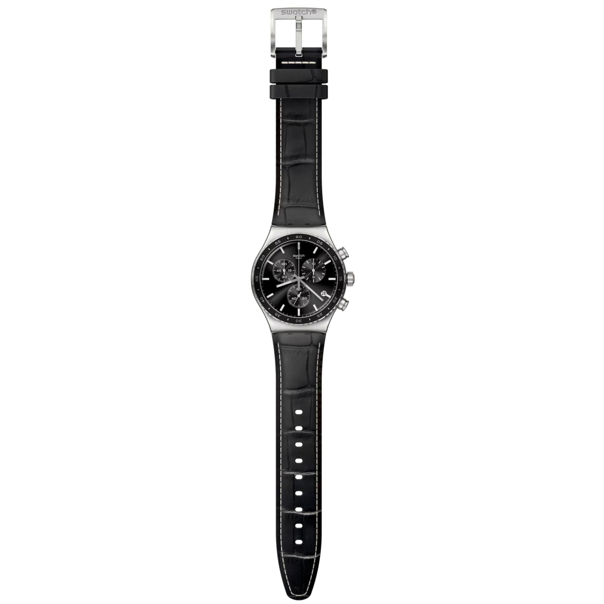 Swatch Irony Chrono Black Dial Leather Strap Men's Watch YVS495