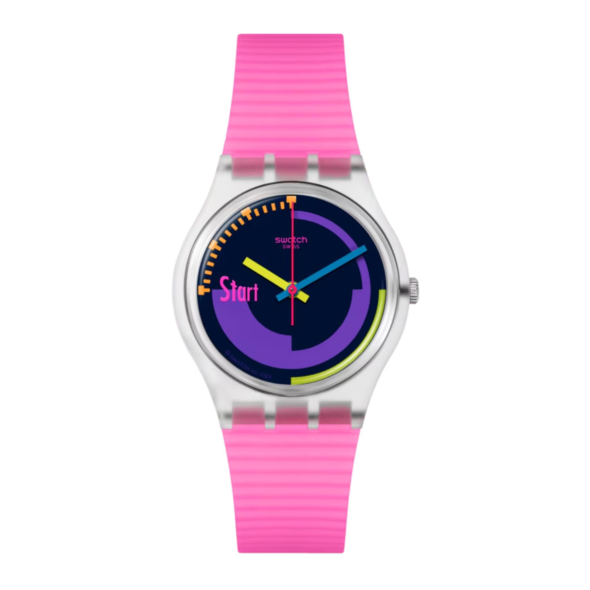 Swatch Neon Pink Podium Multi-coloured Dial Transparent Matte Pink Silicone Strap Watch SO28K111