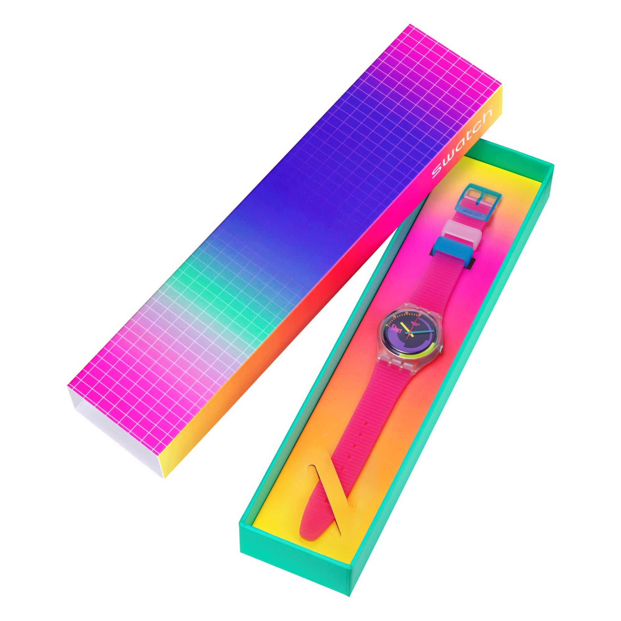 Swatch Neon Pink Podium Multi-coloured Dial Transparent Matte Pink Silicone Strap Watch SO28K111