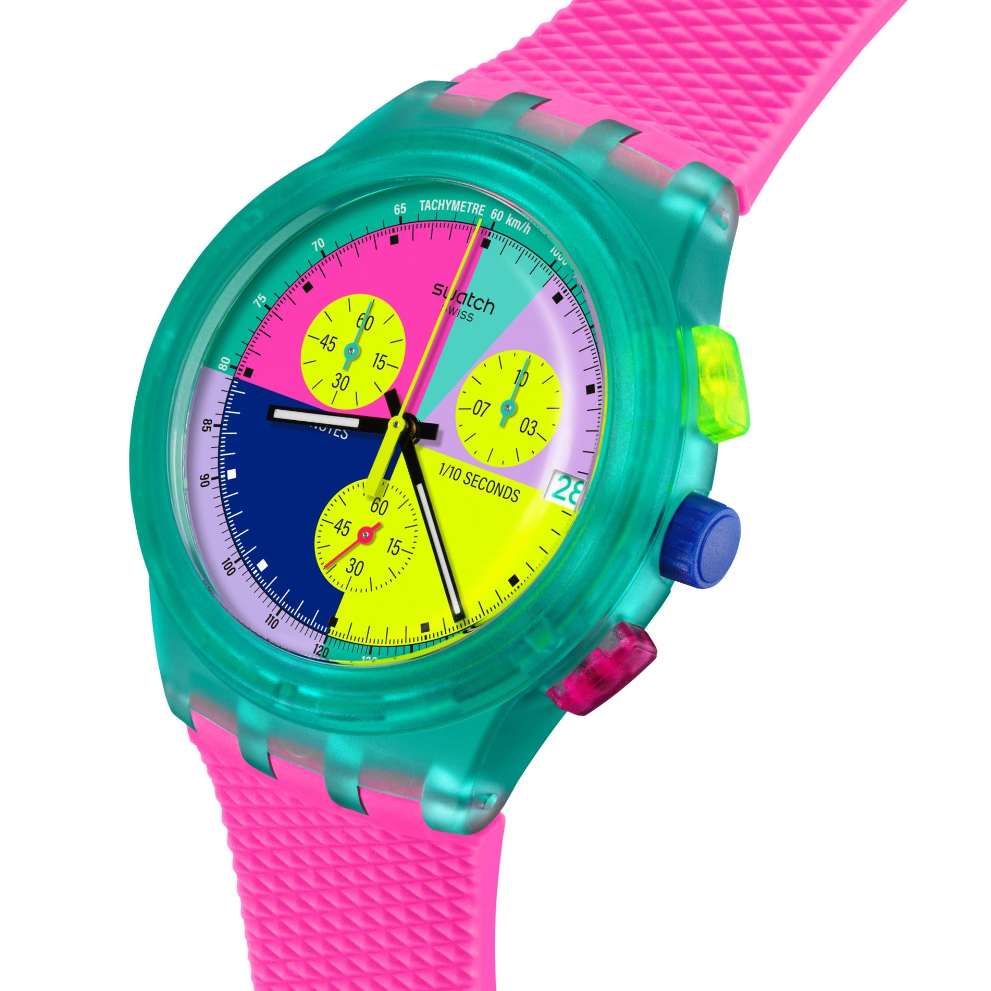 Swatch Neon Flash Arrow Chronograph Multicolour Dial Pink Silicone Strap Unisex Watch SUSG408