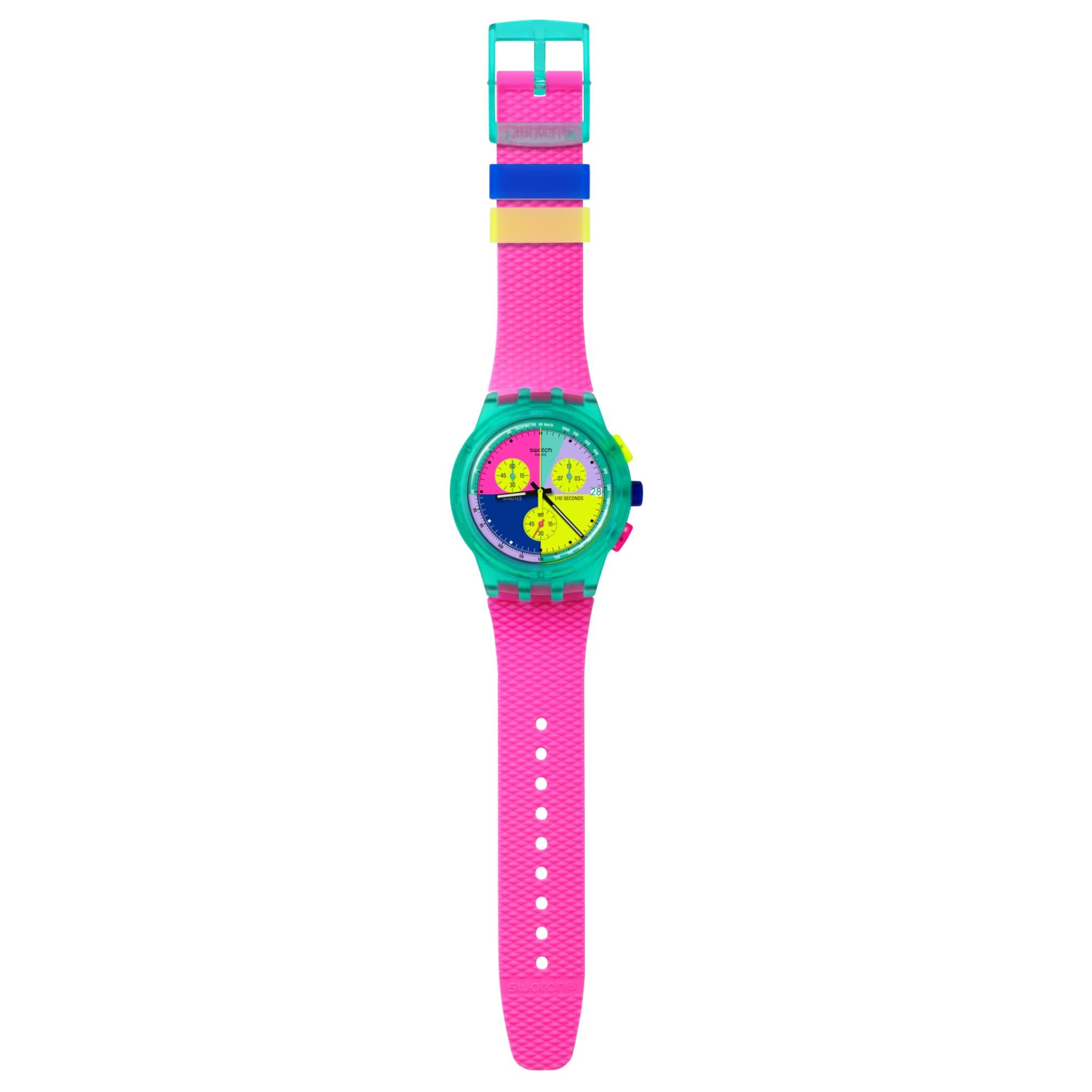 Swatch Neon Flash Arrow Chronograph Multicolour Dial Pink Silicone Strap Unisex Watch SUSG408