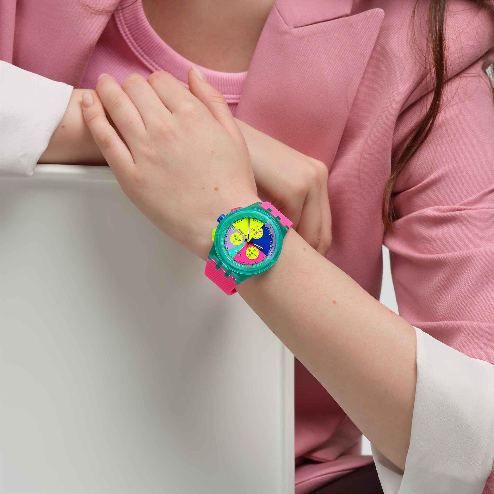 Swatch Neon Flash Arrow Chronograph Multicolour Dial Pink Silicone Strap Unisex Watch SUSG408