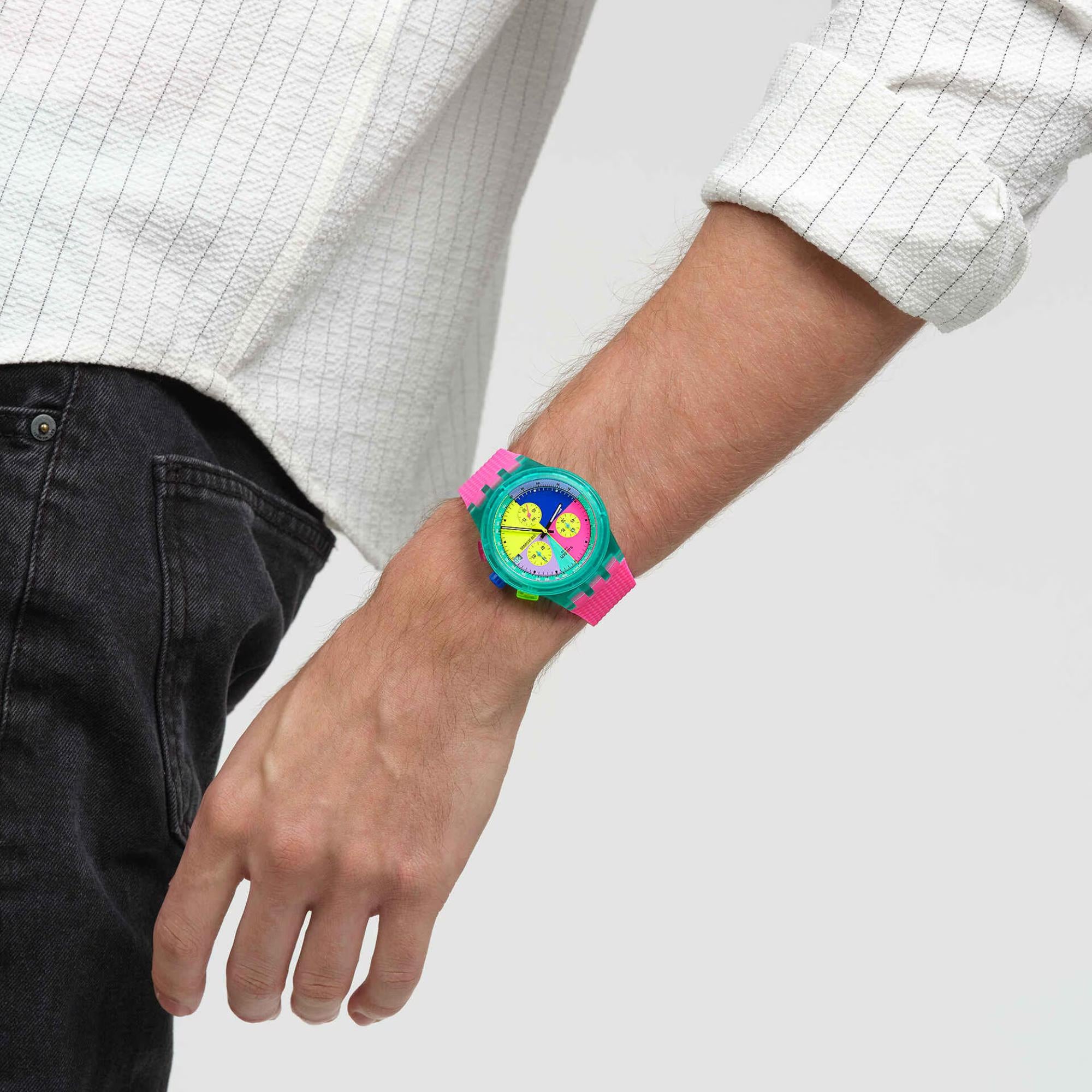Swatch Neon Flash Arrow Chronograph Multicolour Dial Pink Silicone Strap Unisex Watch SUSG408