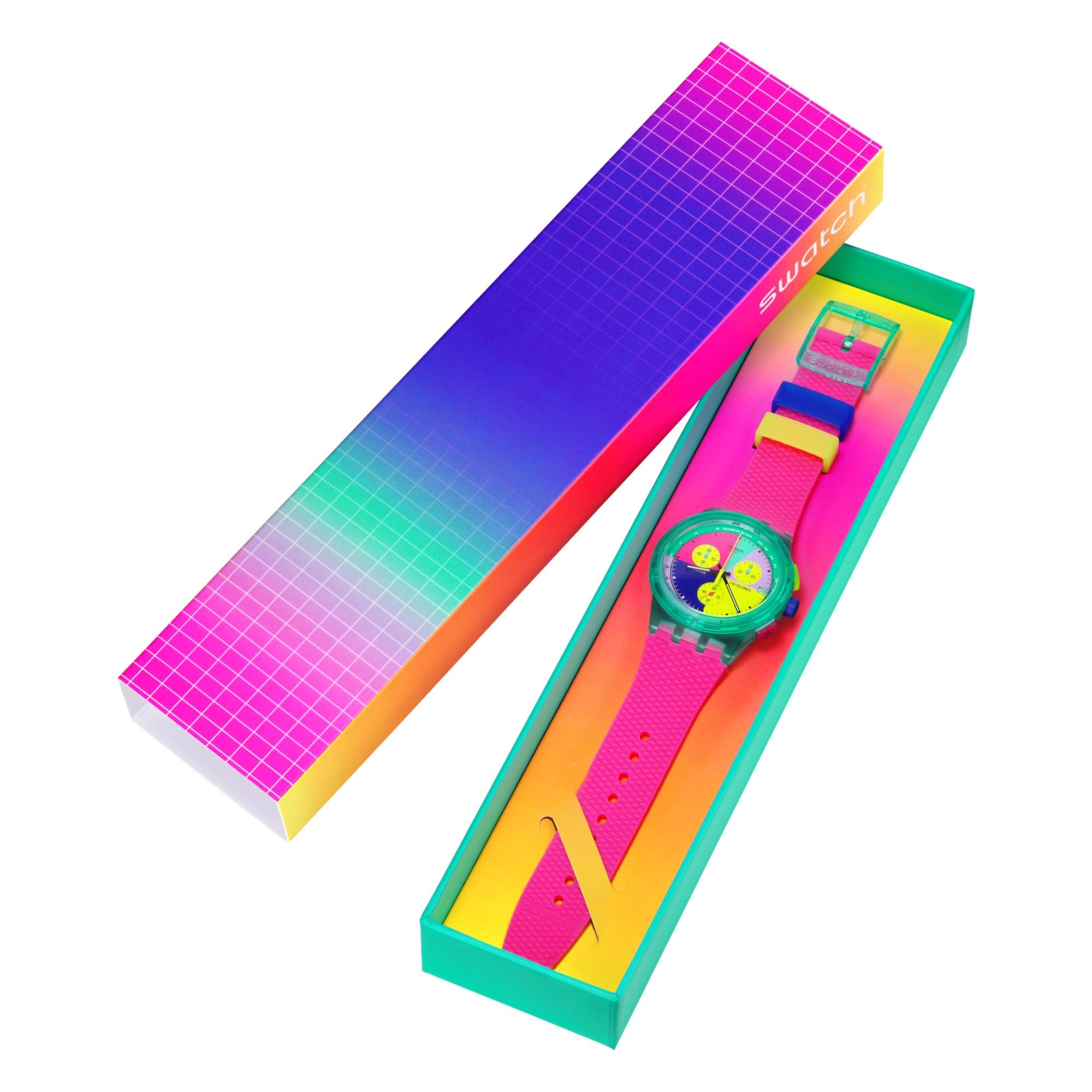 Swatch Neon Flash Arrow Chronograph Multicolour Dial Pink Silicone Strap Unisex Watch SUSG408