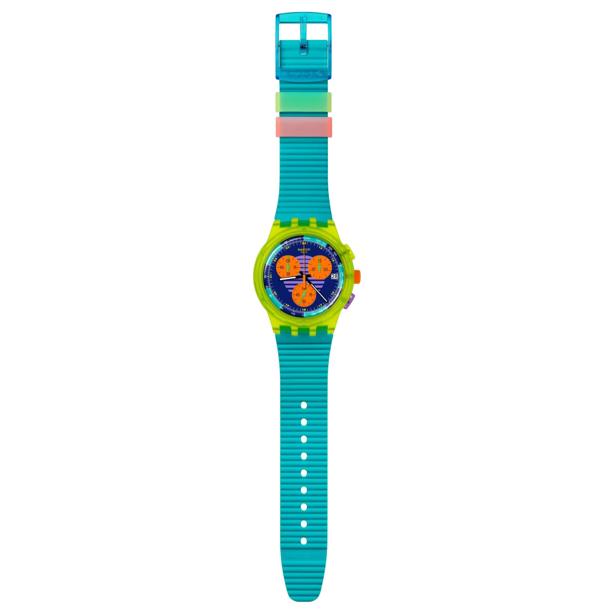 Swatch Neon Wave Multi-coloured Dial Chronograph Turquoise Silicone Strap Watch SUSJ404