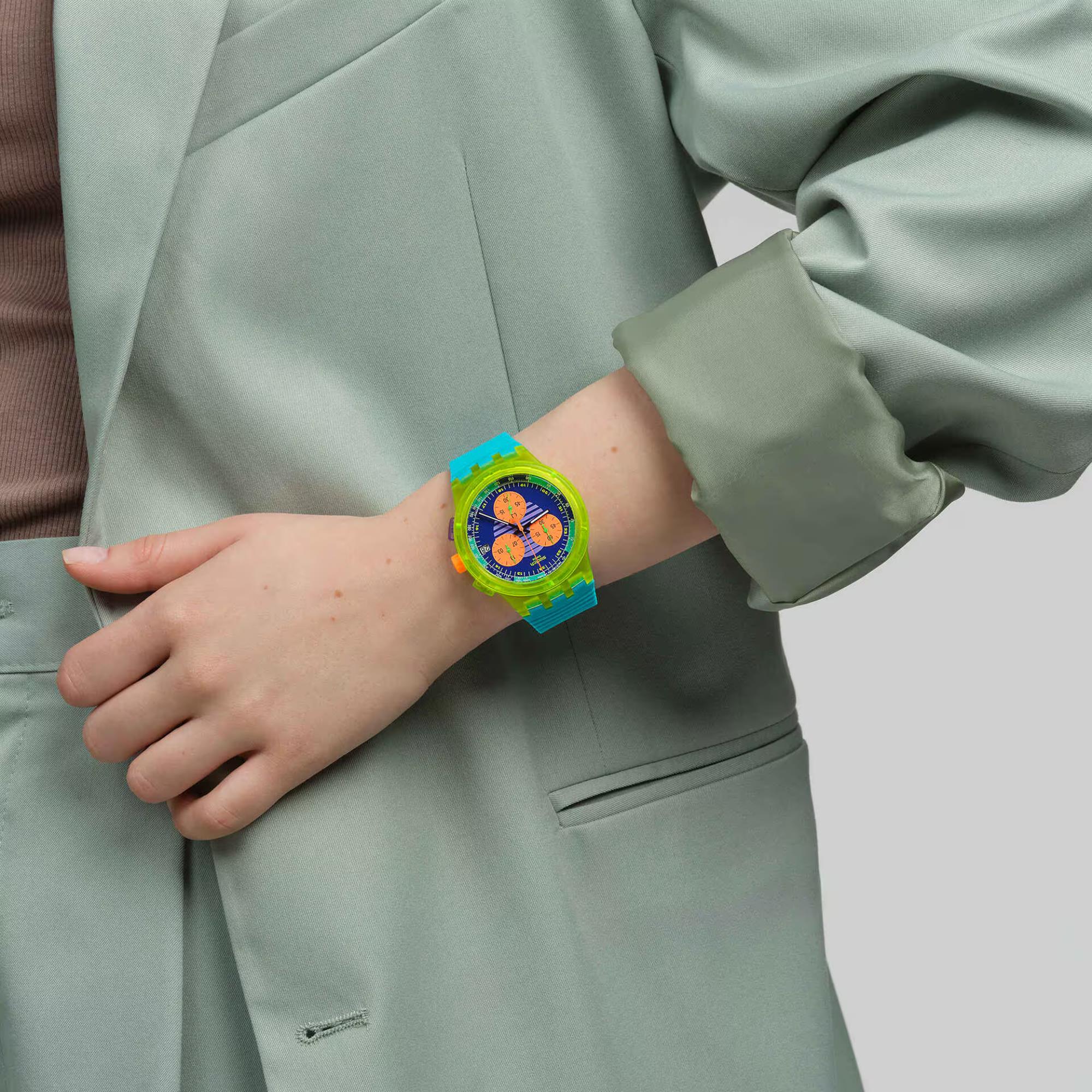 Swatch Neon Wave Multi-coloured Dial Chronograph Turquoise Silicone Strap Watch SUSJ404