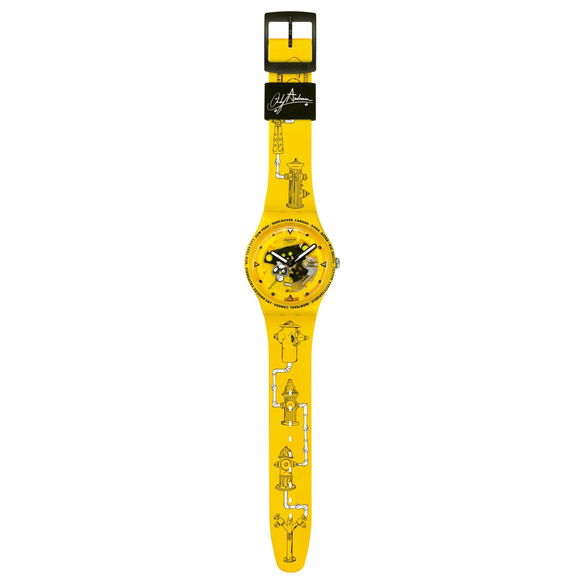 Swatch TIME WITH ANDY ANDERSON Yellow Dial Silicone Strap Unisex Watch SO29J101