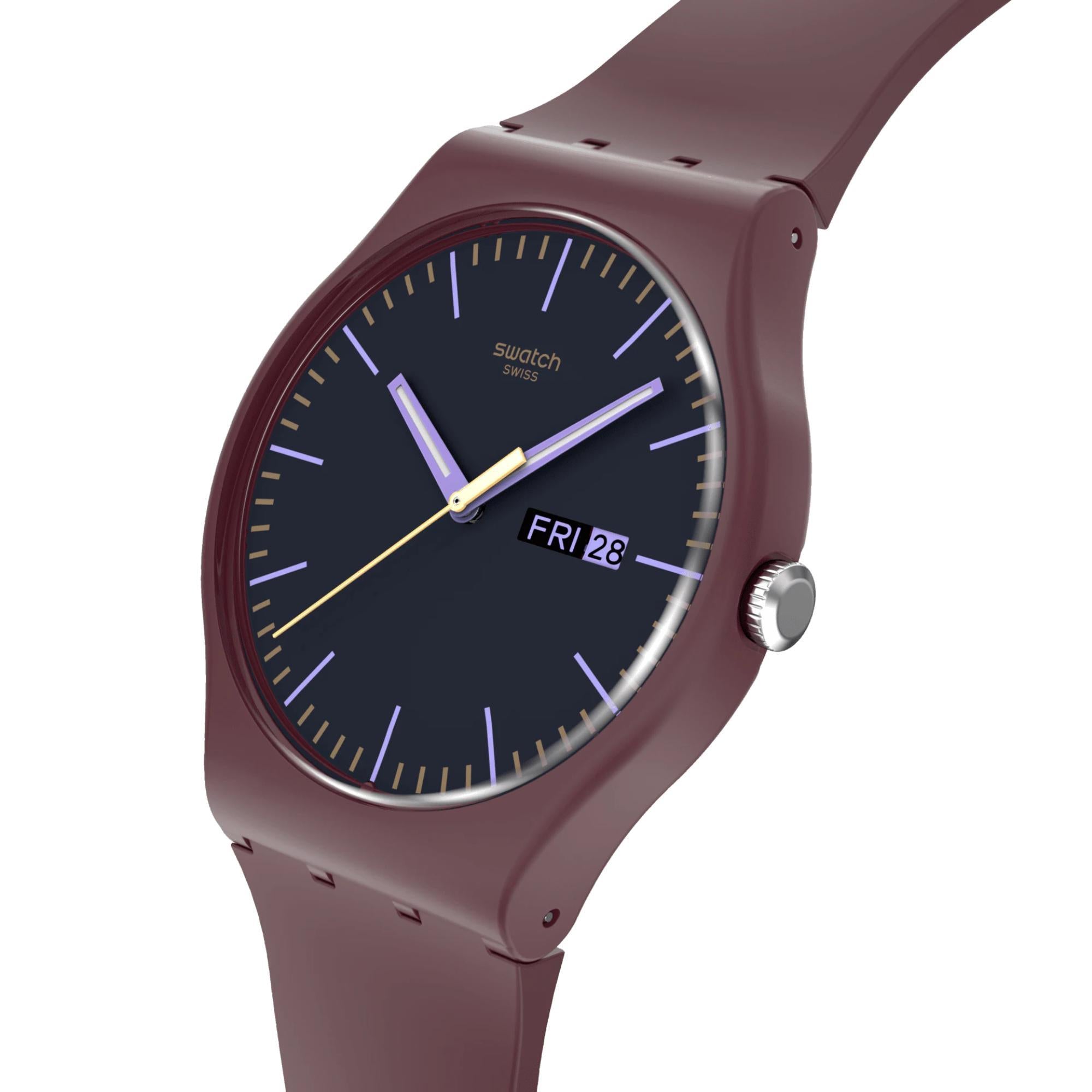 Swatch BURGUNDY BERRY Quartz Grey Dial Silicone Strap Men’s Watch SO29R707