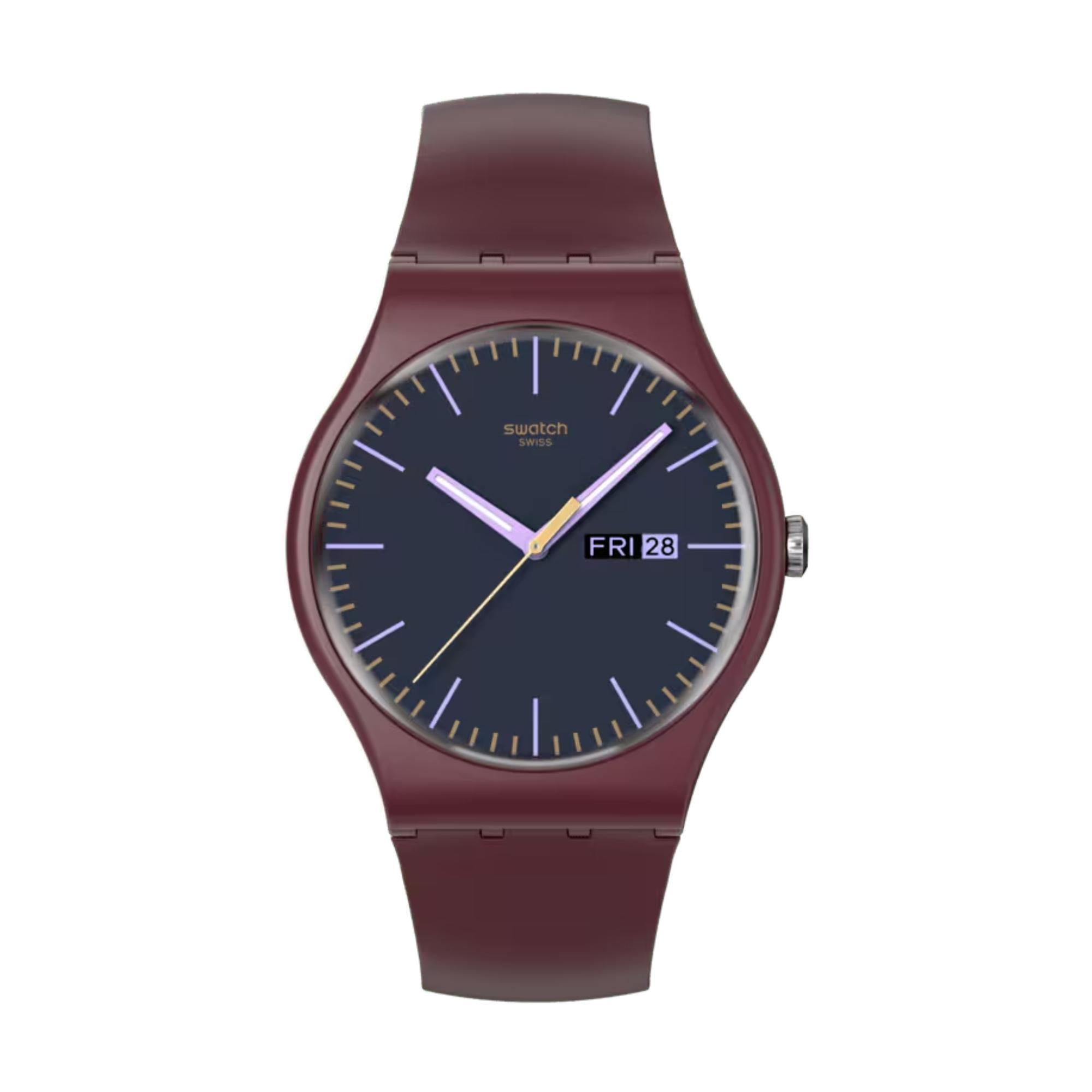 Swatch BURGUNDY BERRY Quartz Grey Dial Silicone Strap Men’s Watch SO29R707