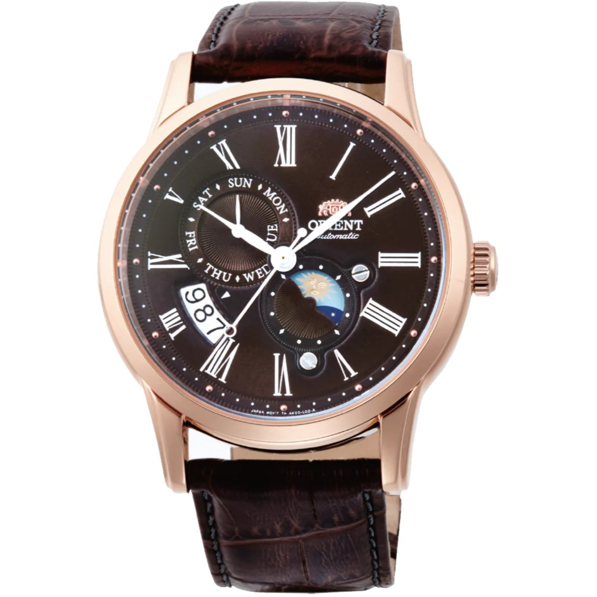 Orient Sun and Moon Automatic Brown Dial Leather Strap Men's Watch RA-AK0009T30B