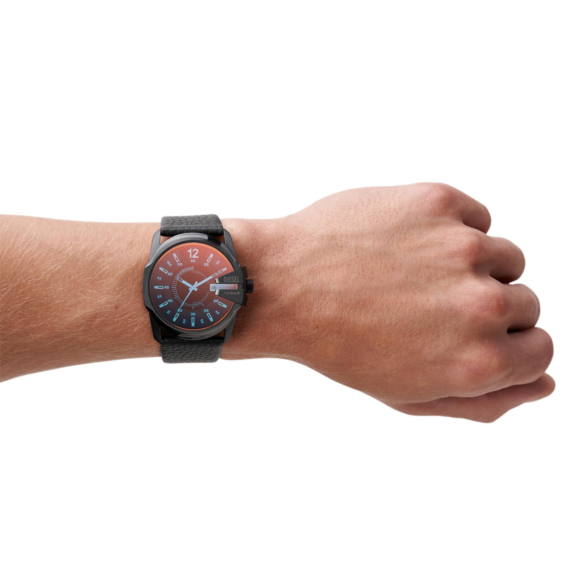 Diesel Master Chief Three-Hand Date Black Leather Black Dial Men's Watch DZ1657