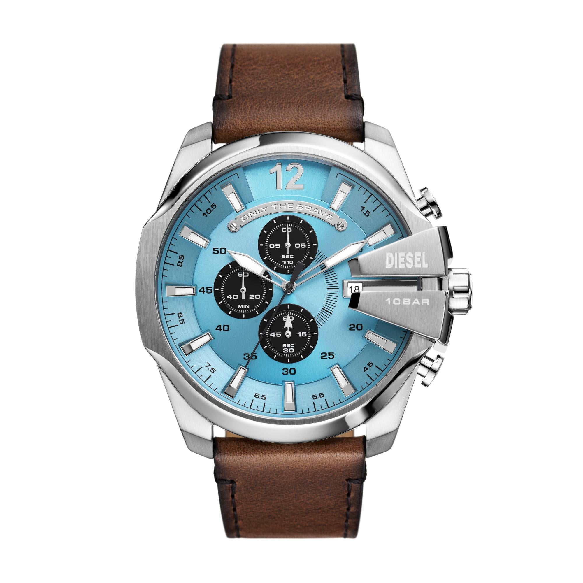 Diesel Mega Chief Chronograph Brown Leather Blue Dial Men's Watch DZ4657