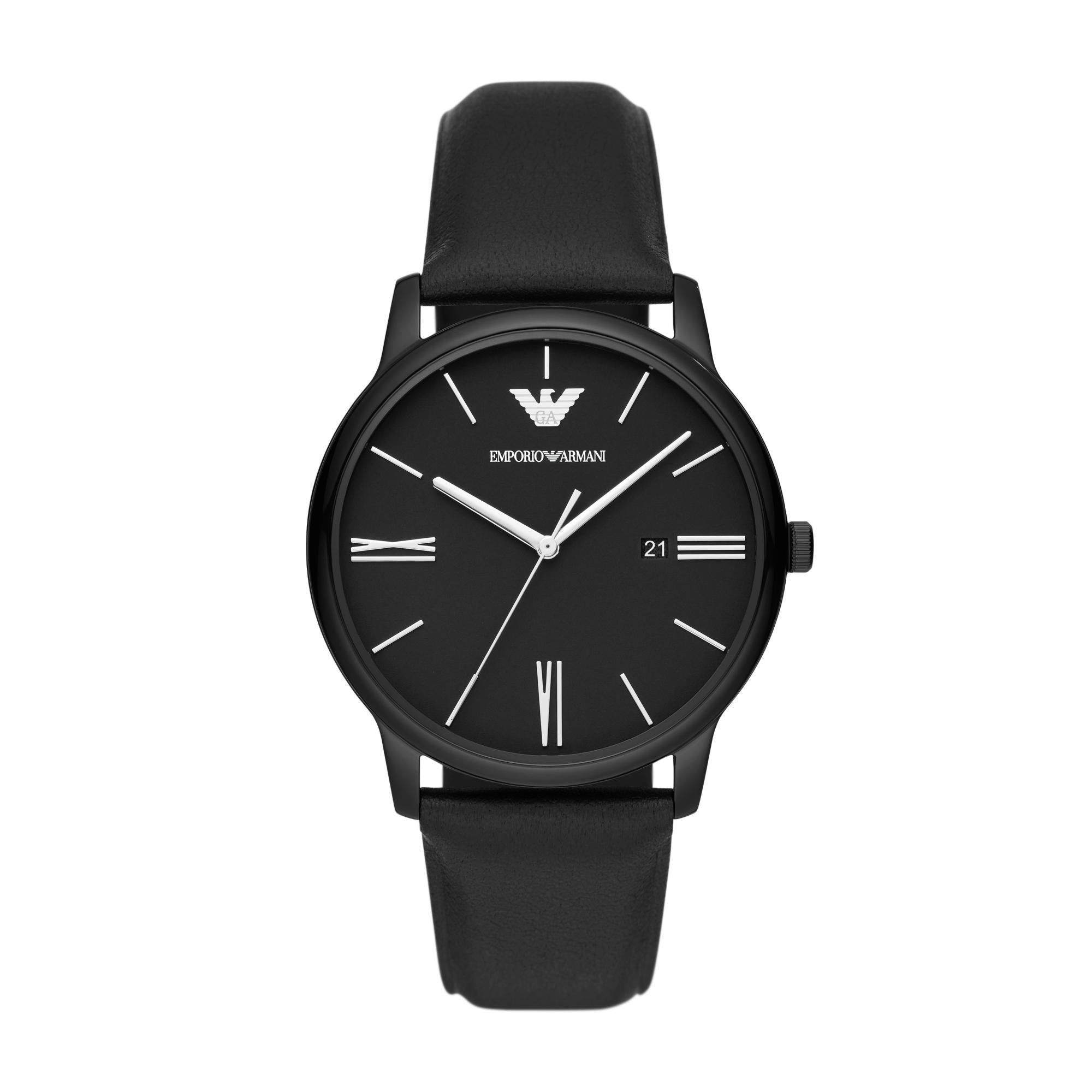 Emporio Armani Three-Hand Date Black Leather Watch Men’s AR11573