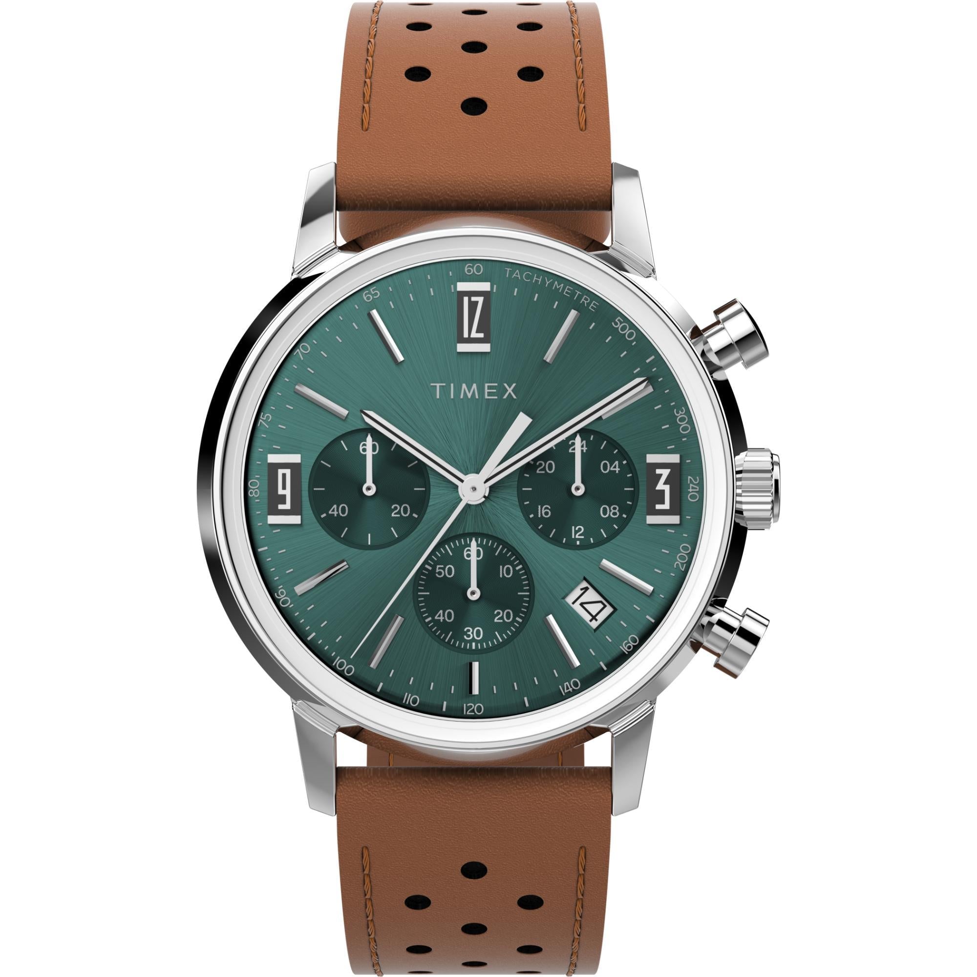 Timex Marlin Quartz Chronograph Green Dial Brown Leather Strap Men’s Watch TW2W10100
