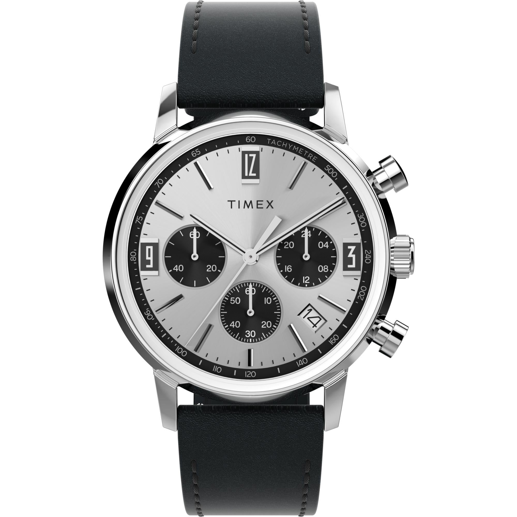 Timex Marlin Chronograph Tachymeter Silver Tone Dial Black Leather Strap Men’s Watch TW2W10300