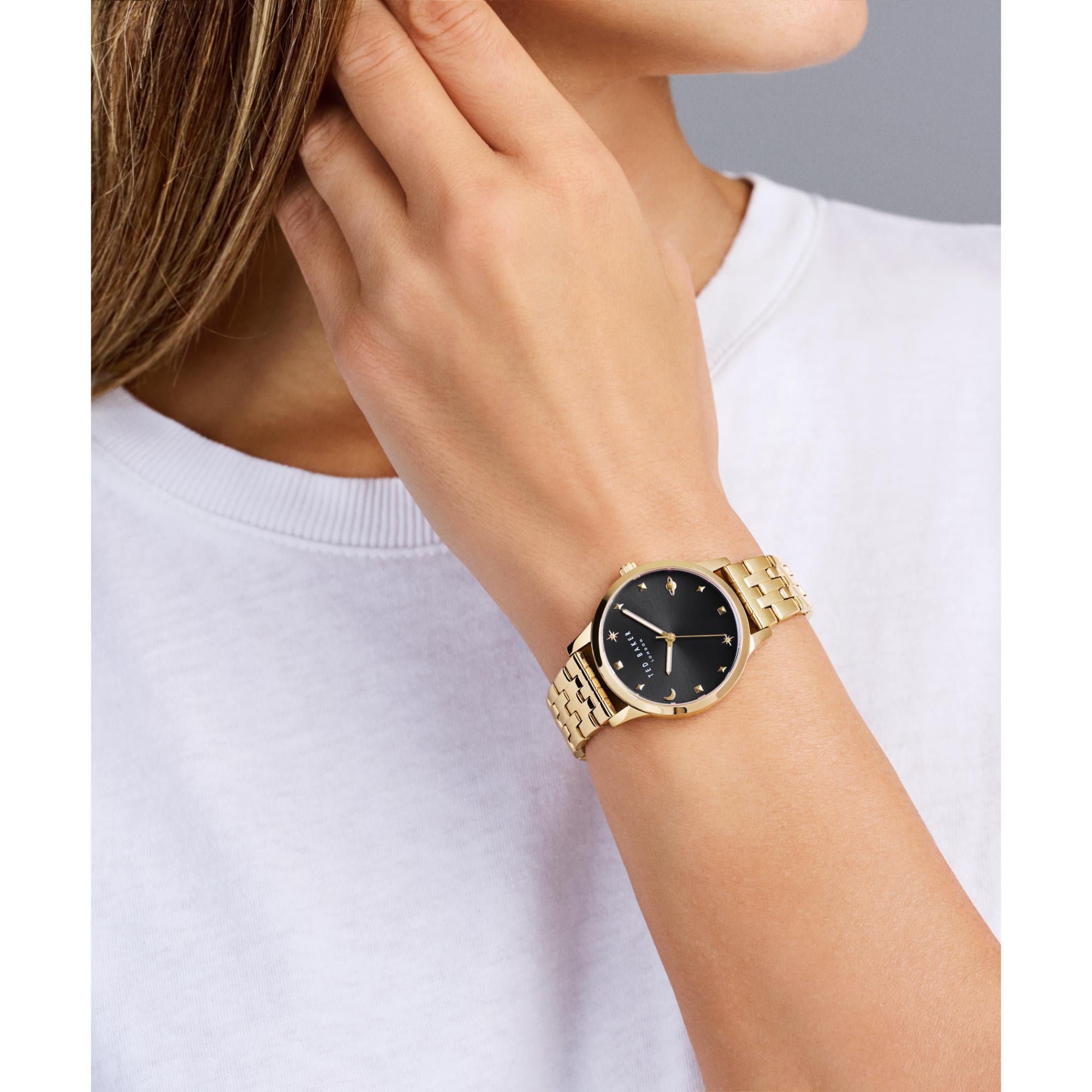 Ted Baker Fitzrovia Fashion Rose Gold-Tone Stainless Steel Black Dial Ladies Watch BKPFZS405
