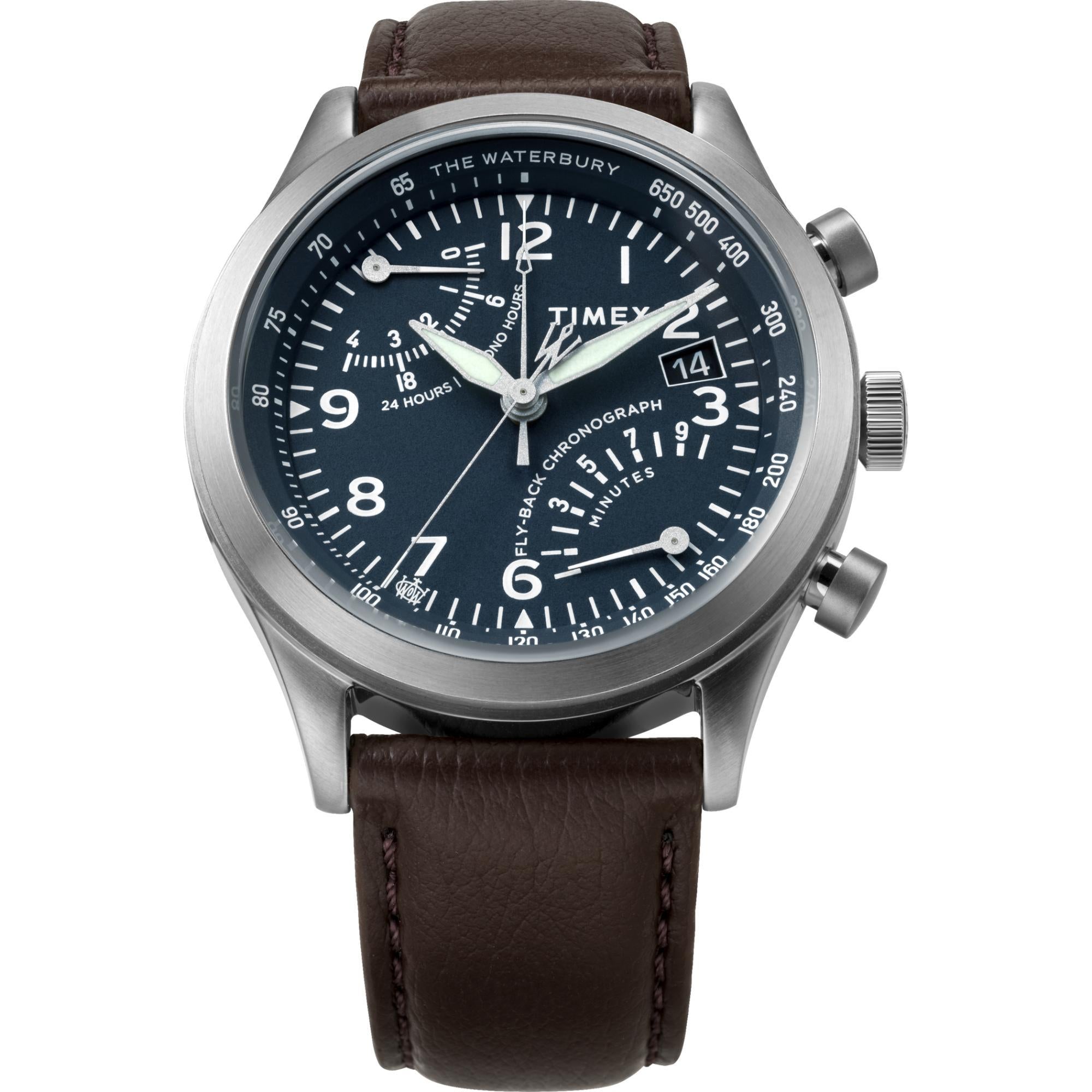 Timex Waterbury Traditional Fly-Back Chronograph Blue Dial Leather Strap Men’s Watch TW2W47900