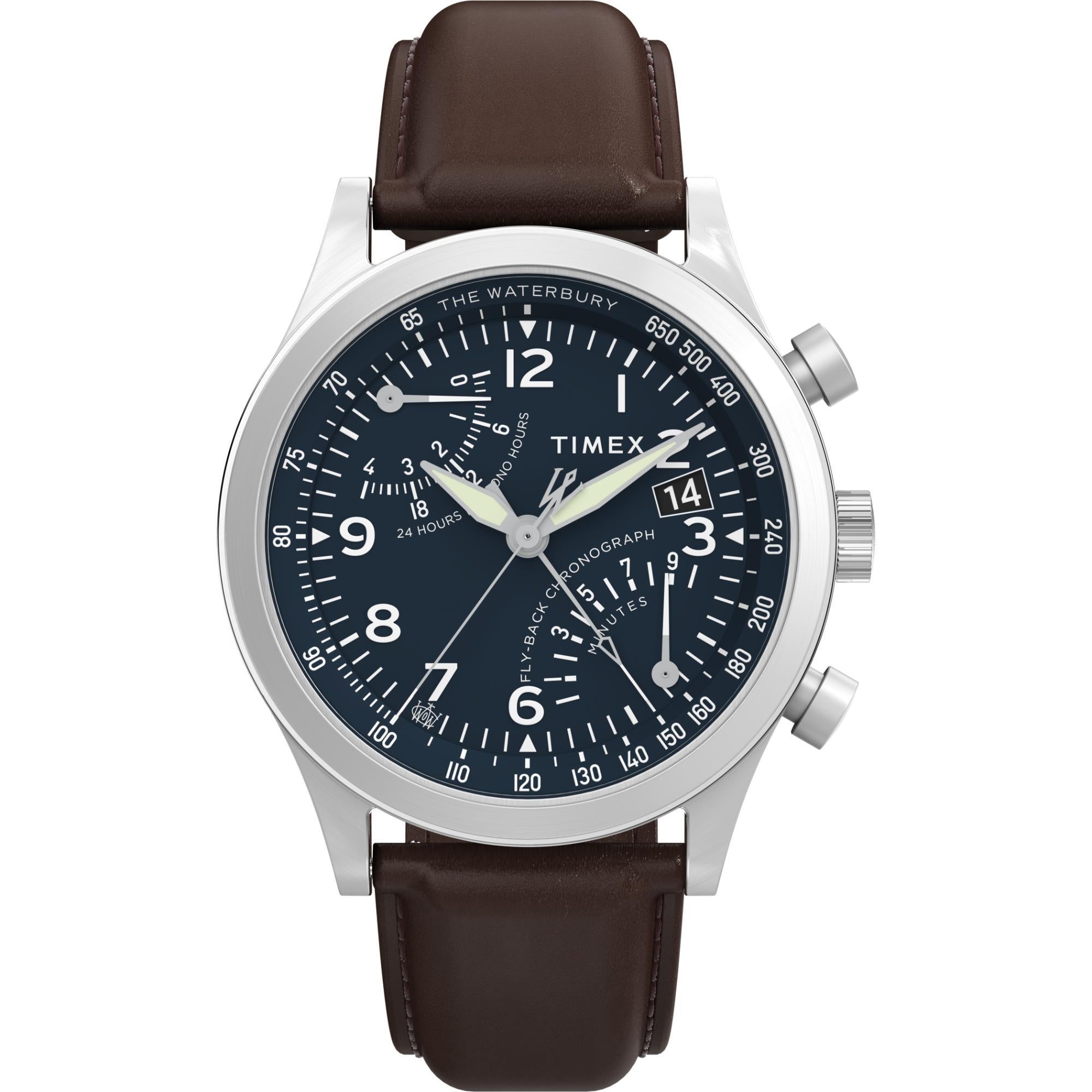 Timex Waterbury Traditional Fly-Back Chronograph Blue Dial Leather Strap Men’s Watch TW2W47900