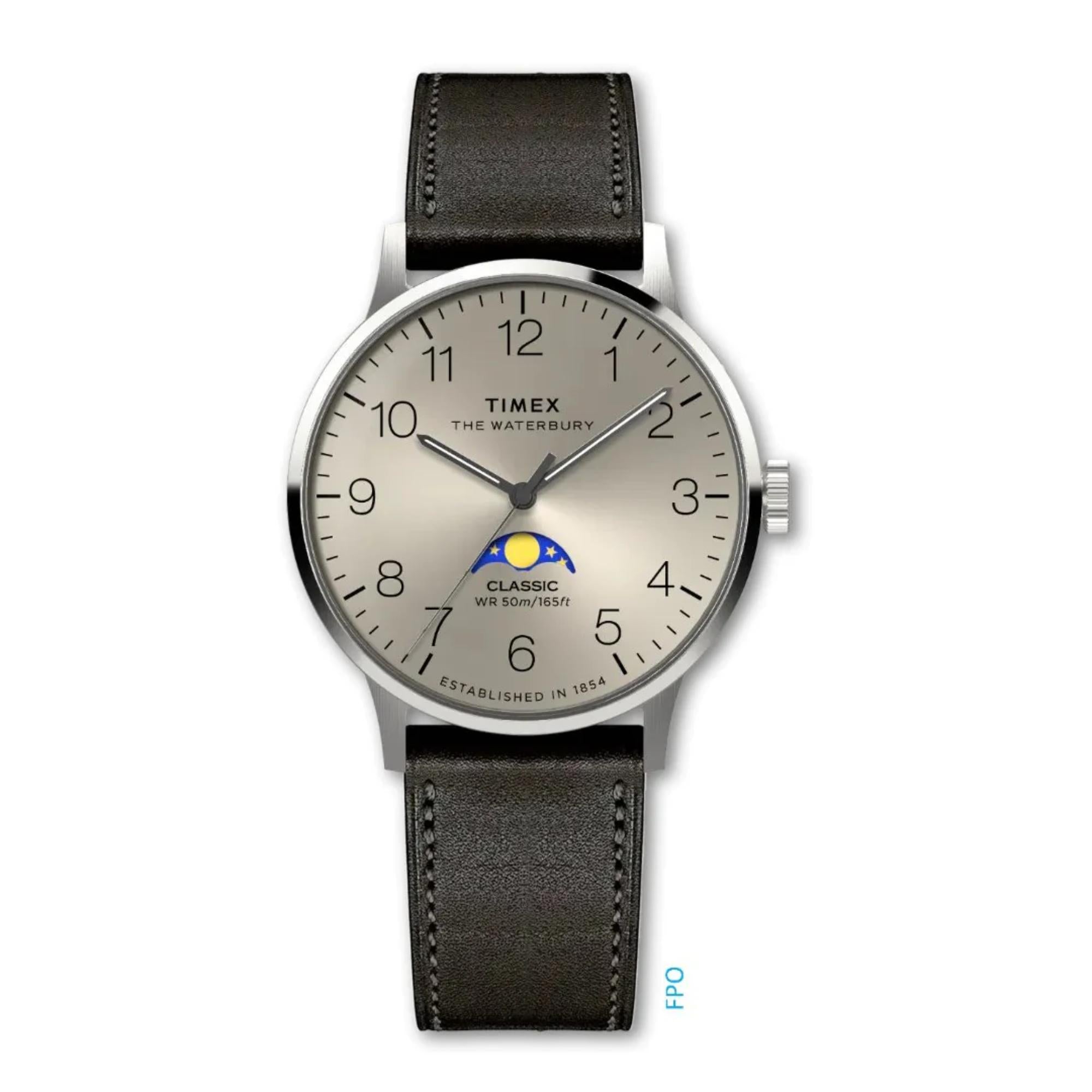 Timex Waterbury Classic Moon Phase Champagne Dial Leather Strap Men’s Watch TW2W75500