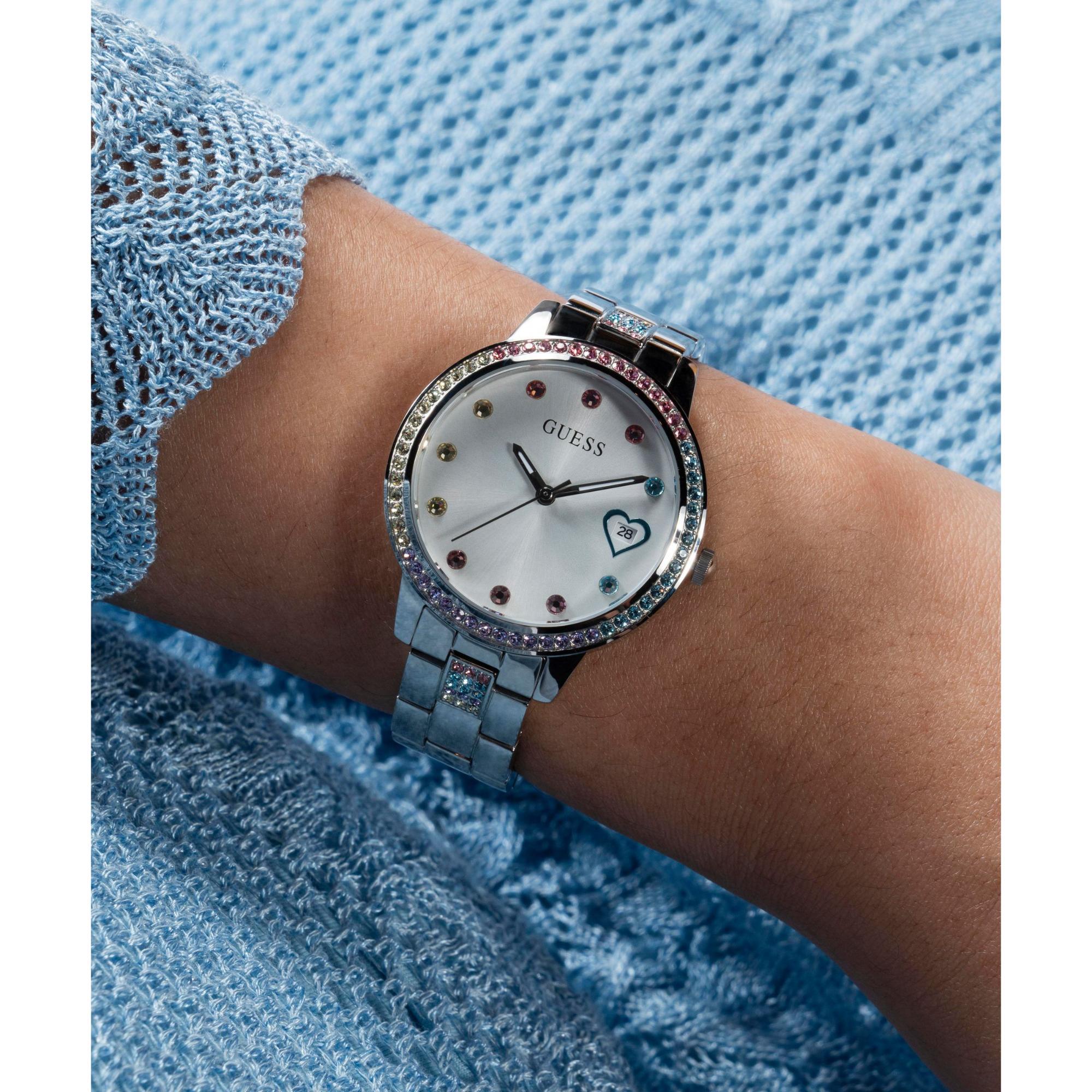 GUESS Silver Tone Date Stainless Steel Silver Dial Ladies Watch GW0657L1