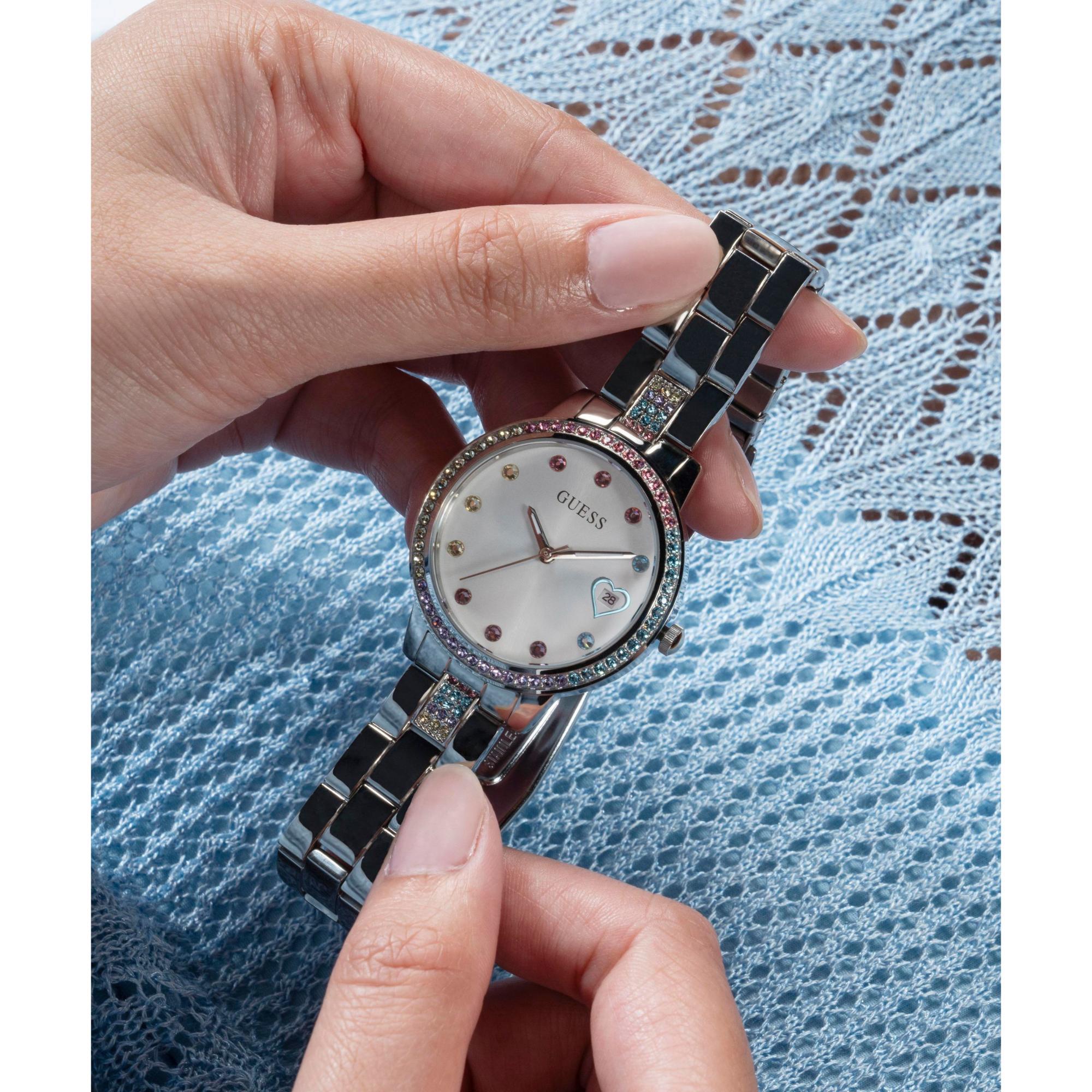 GUESS Silver Tone Date Stainless Steel Silver Dial Ladies Watch GW0657L1