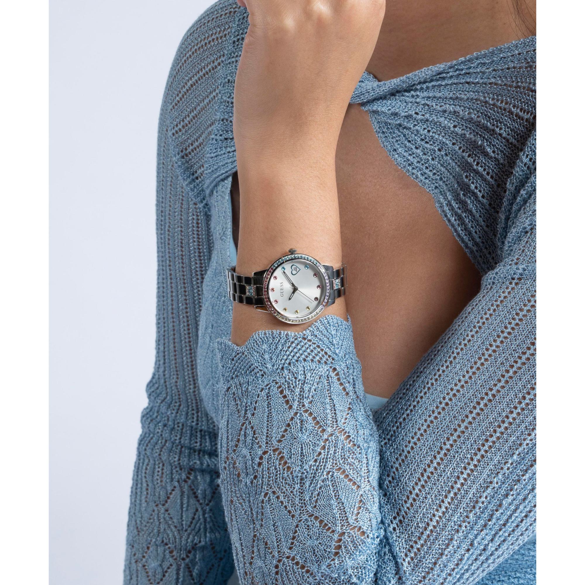 GUESS Silver Tone Date Stainless Steel Silver Dial Ladies Watch GW0657L1
