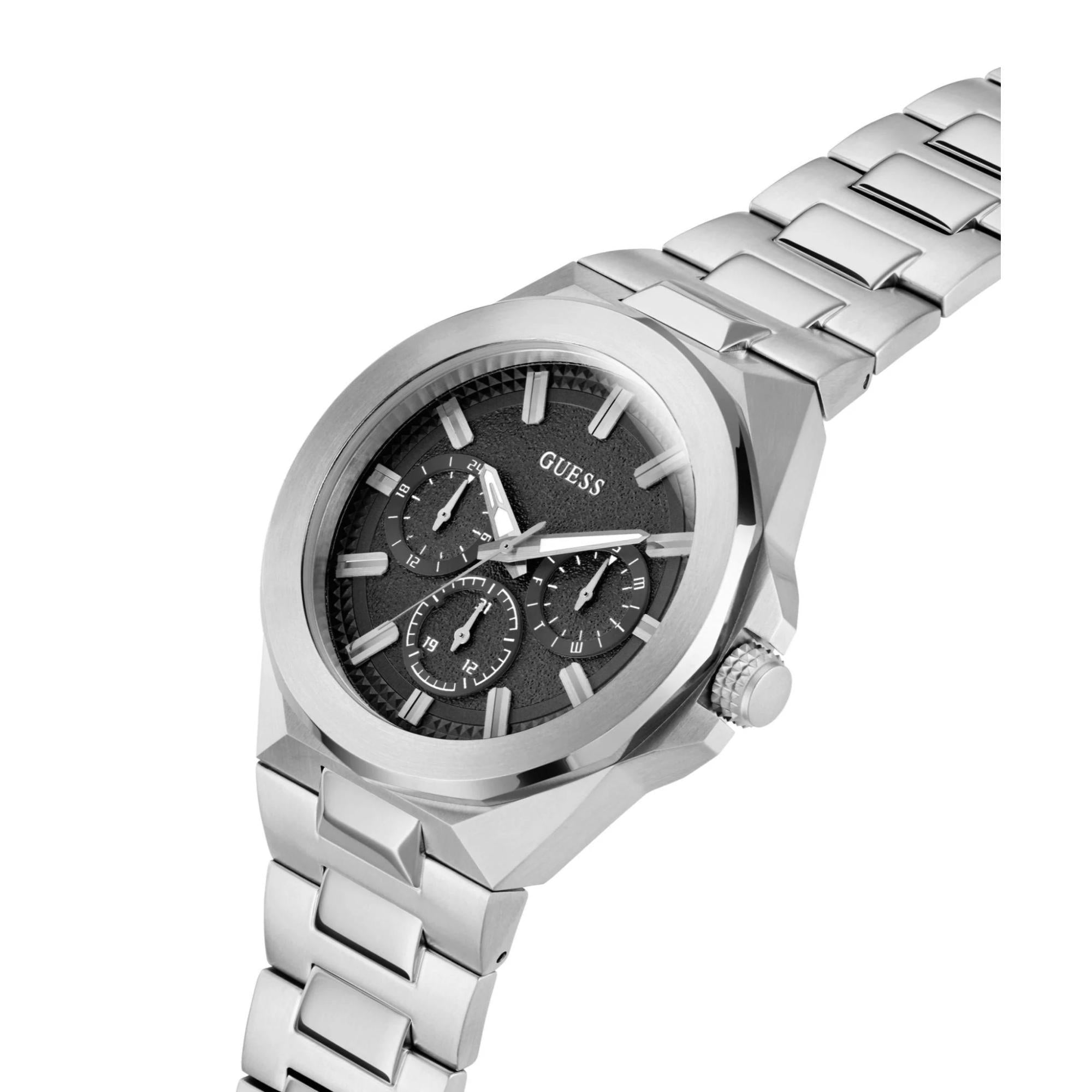 GUESS Multifunction Gents Dashboard Silver Tone Recycled Steel Strap Black Dial Men’s Watch GW0798G1
