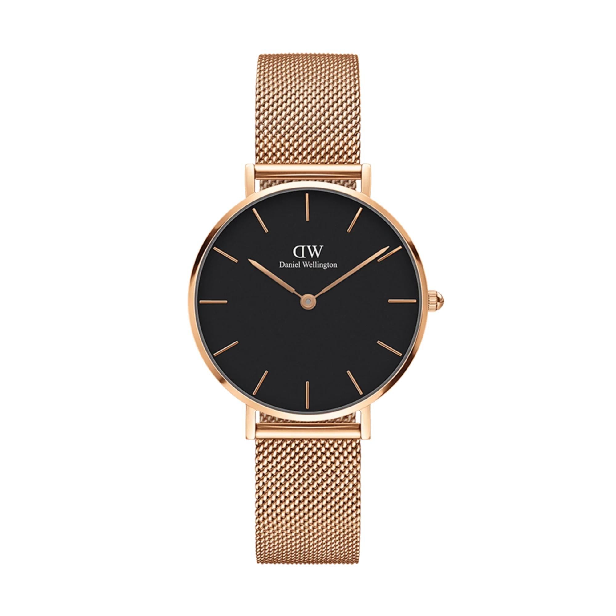 Daniel Wellington Petite Melrose Rose Gold Black Dial Stainless Steel Strap Women's Watch DW00100161
