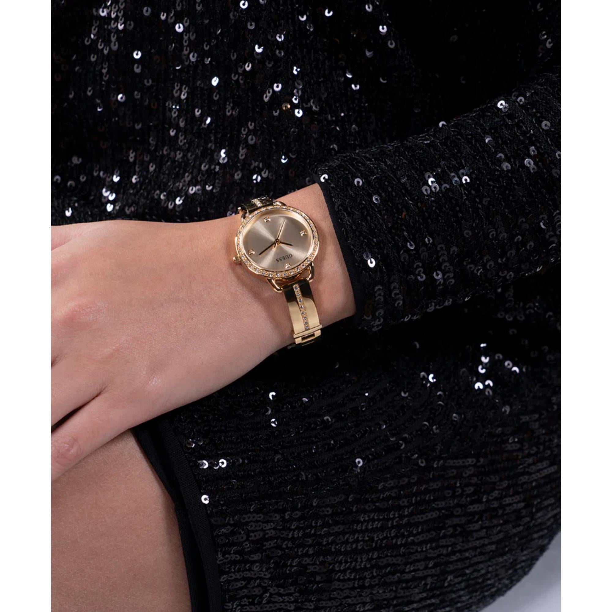 GUESS Ladies Gold Tone Stainless Steel Strap Analog Champagne Dial Watch GW0022L2