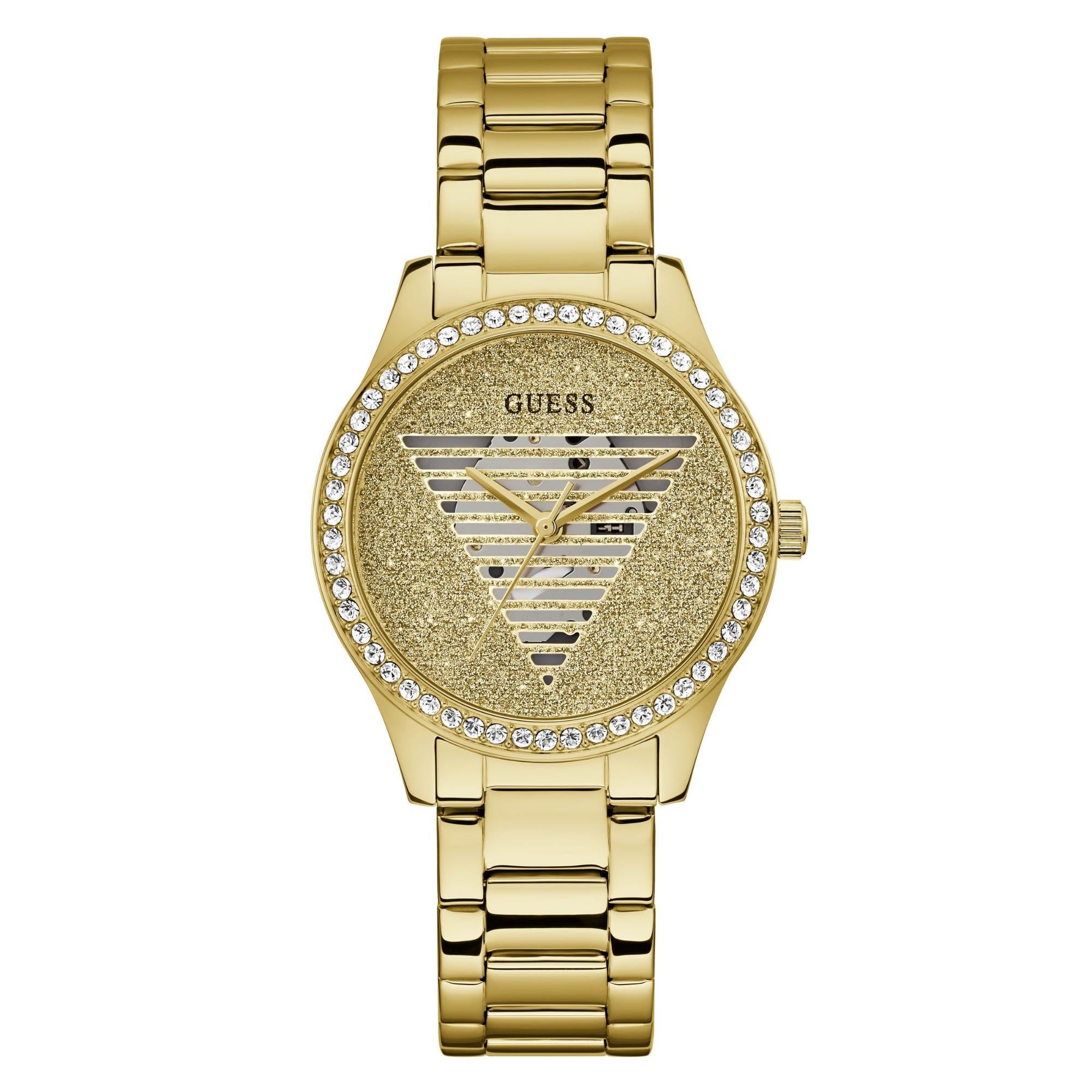 GUESS Gold Tone Analog Champagne Dial with Stainless Steel Strap Ladies Watch GW0605L2