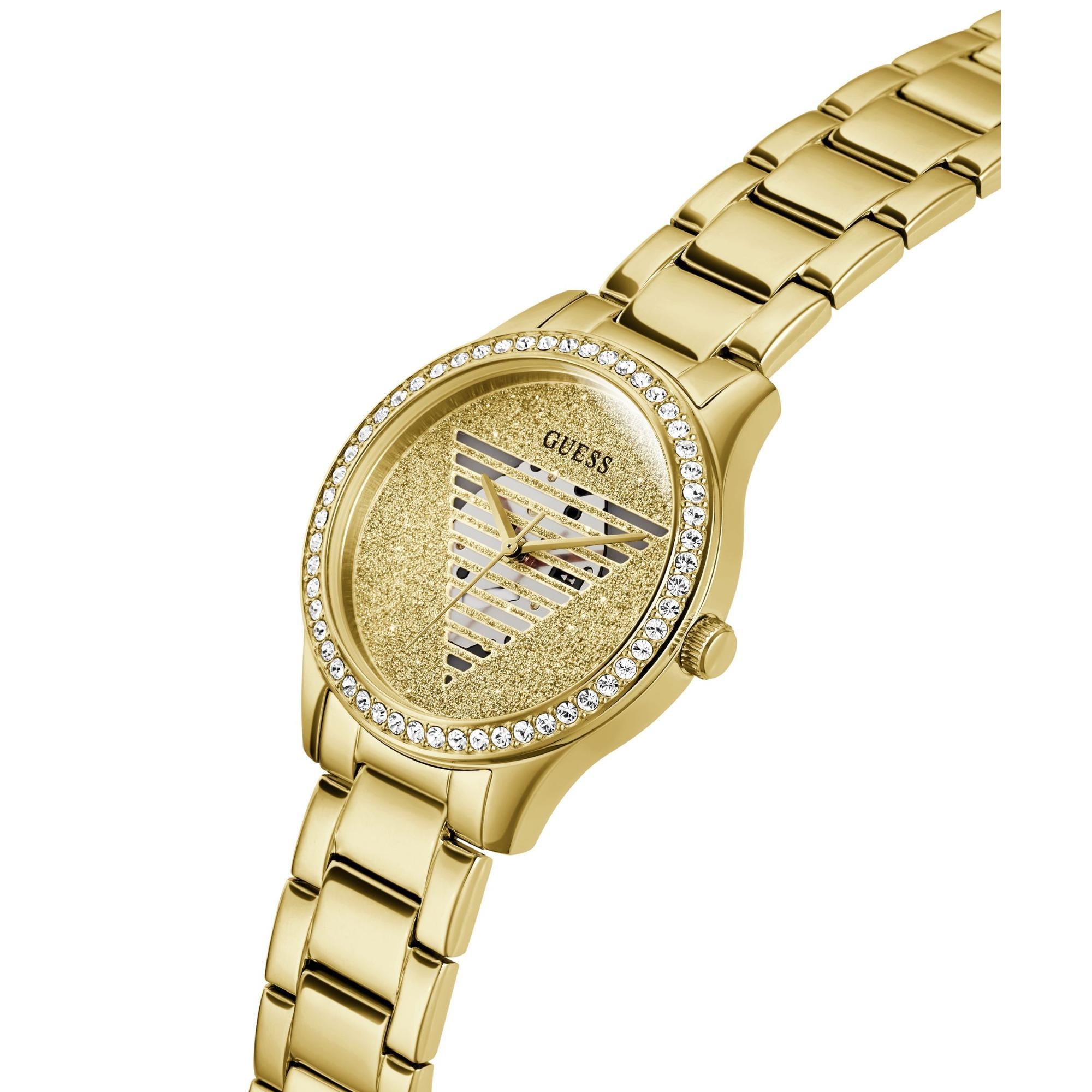 GUESS Gold Tone Analog Champagne Dial with Stainless Steel Strap Ladies Watch GW0605L2