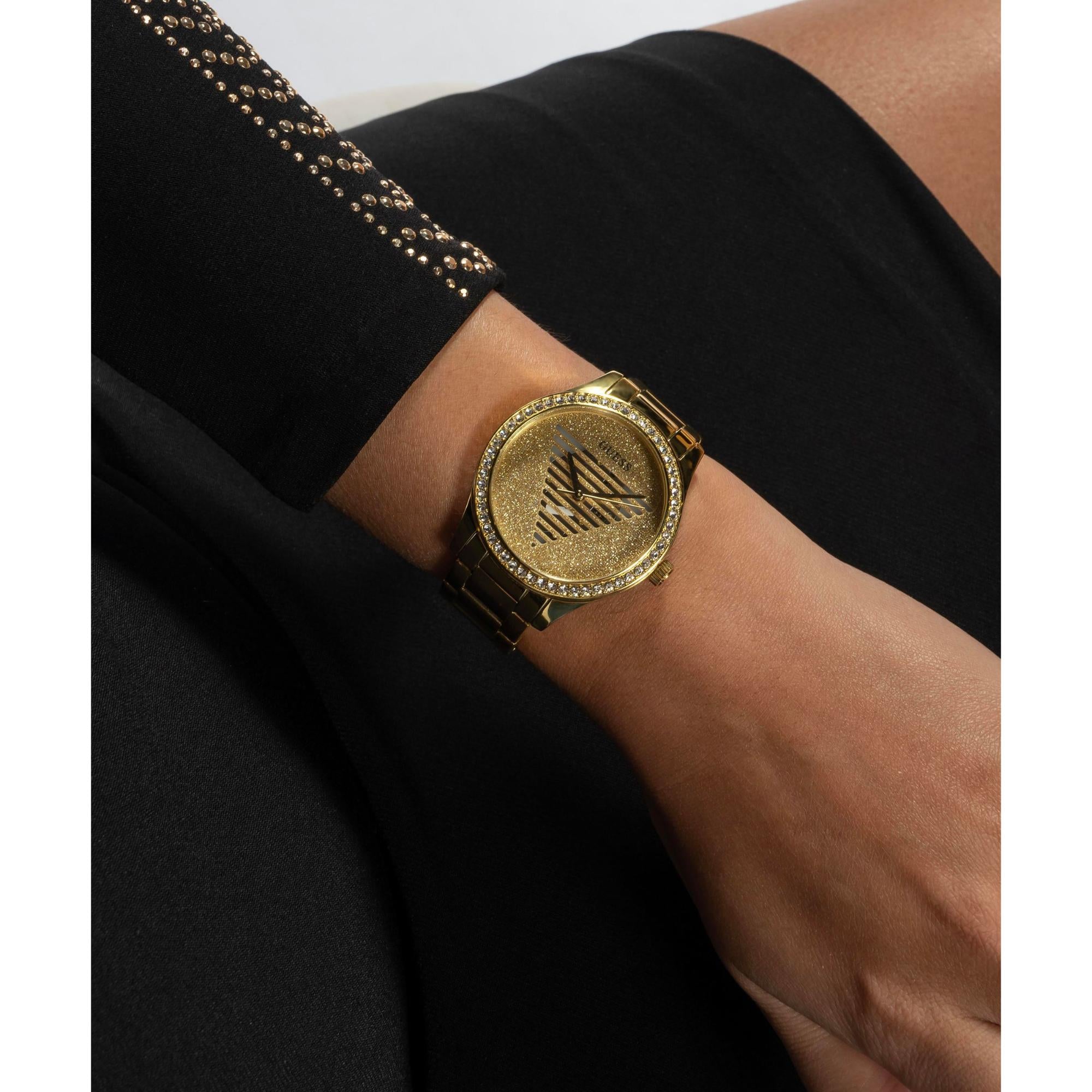 GUESS Gold Tone Analog Champagne Dial with Stainless Steel Strap Ladies Watch GW0605L2