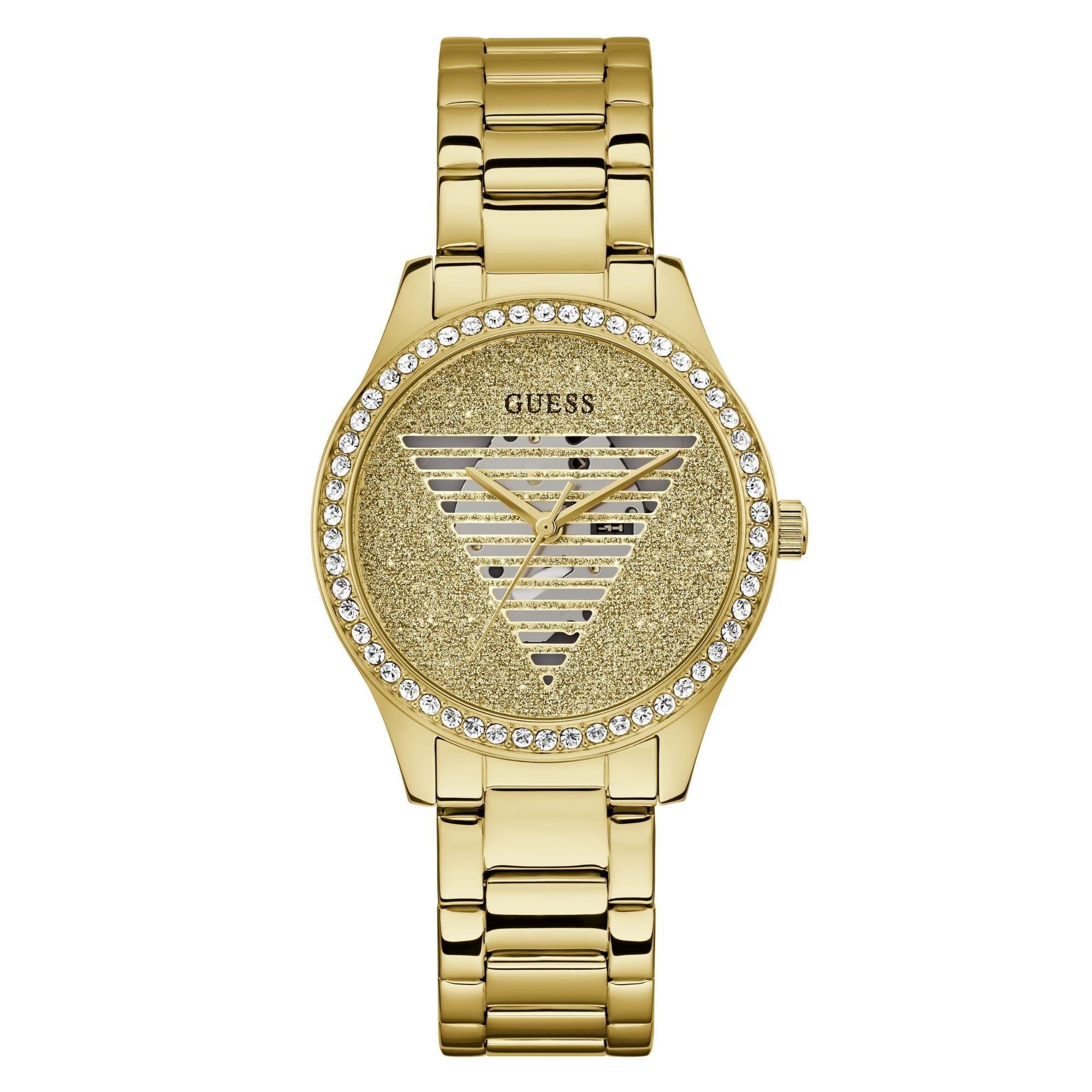 GUESS Gold Tone Analog Champagne Dial with Stainless Steel Strap Ladies Watch GW0605L2