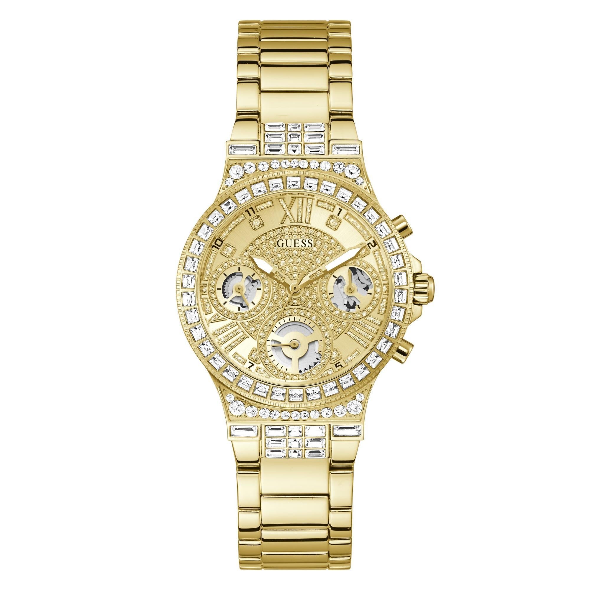 GUESS Gold Tone Multi-Function Stainless Steel Bracelet Champagne Dial Ladies Watch GW0320L2